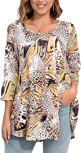 splensive Women Plus Size 3/4 Sleeve Tunic Tops Yellow Black Crew Neck Swing Fla