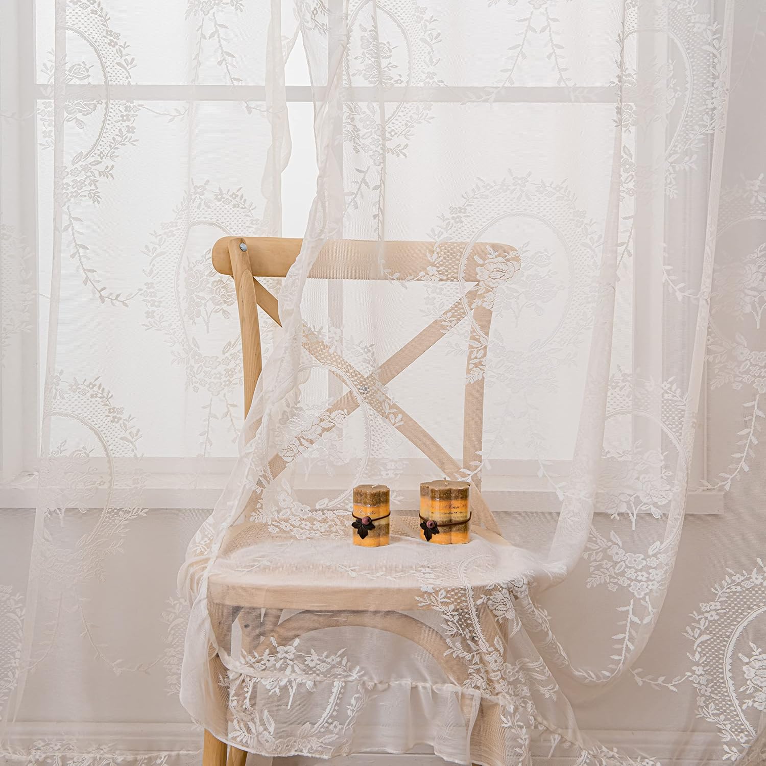 Sutuo Home Ivory Lace Curtains 84 Inches Long 2 Set, Sheer