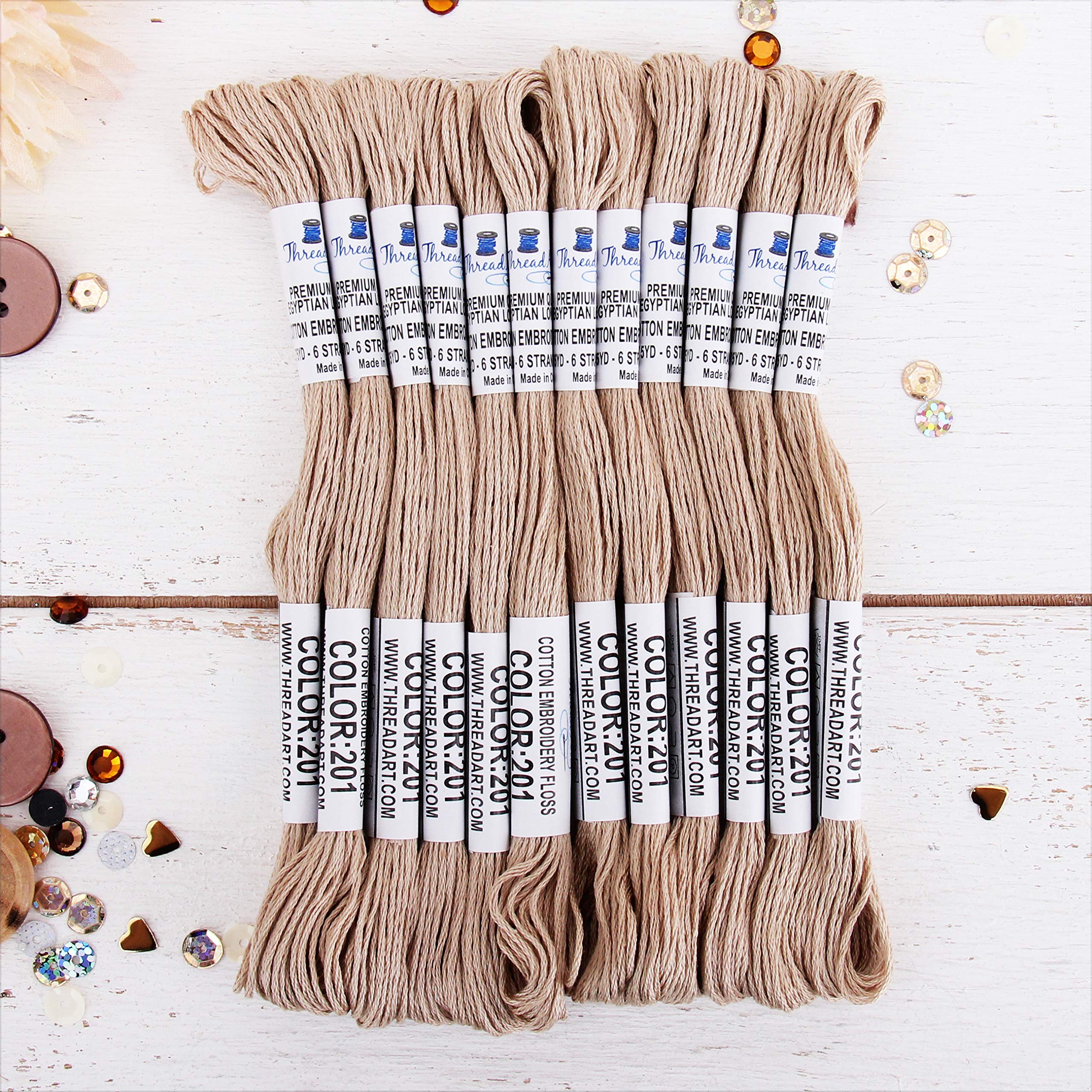 12 Skeins ThreadArt Premium Egyptian Long Fiber Cotton Embroidery Floss | Beige | 6 Strand Divisible Thread 8.75yds Each For Hand Embroidery, Friendship Bracelets, Cross stitch and Crafts