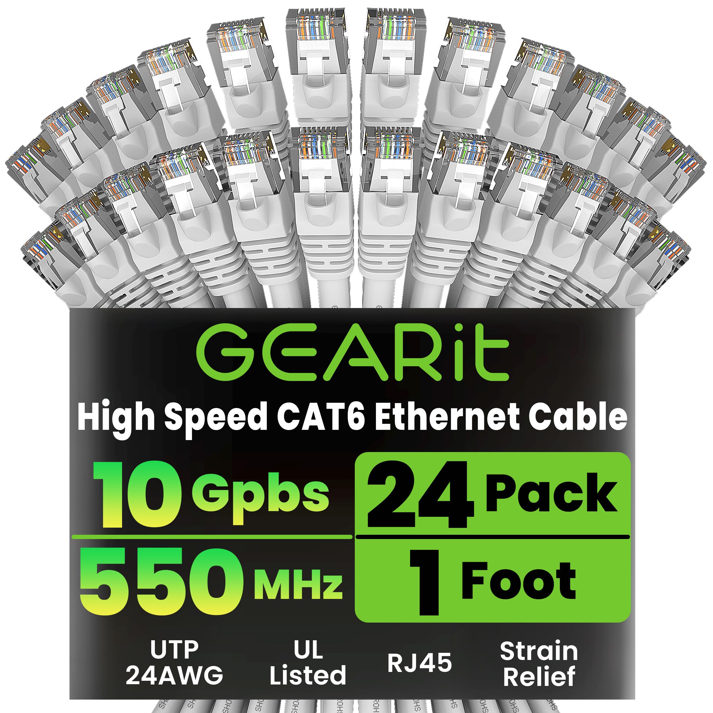 GEARit Cat6 Patch Cables Cat 6 Ethernet Cable 1 ft 24-Pack White White 1 Foot
