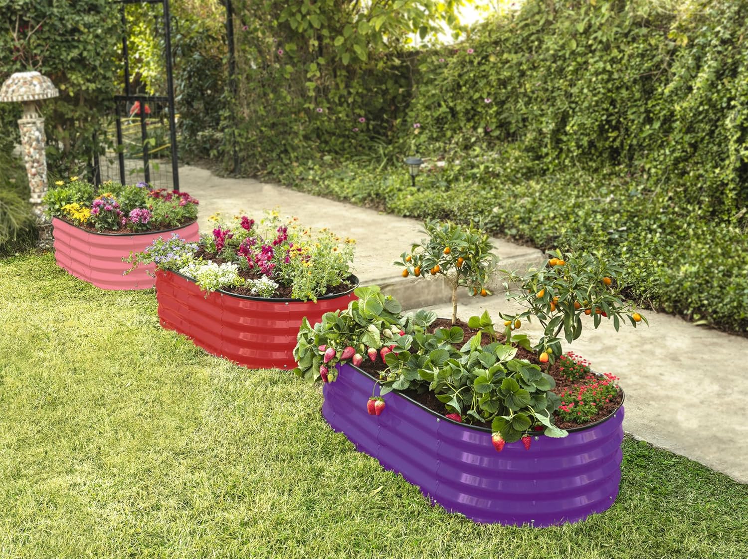 Plant & Plot Galvanized Raised Garden Beds Outdoor // 4×2×1 ft Planter Raised Beds for Gardening, Vegetables, Flowers (Pink) // Large Metal Garden Box