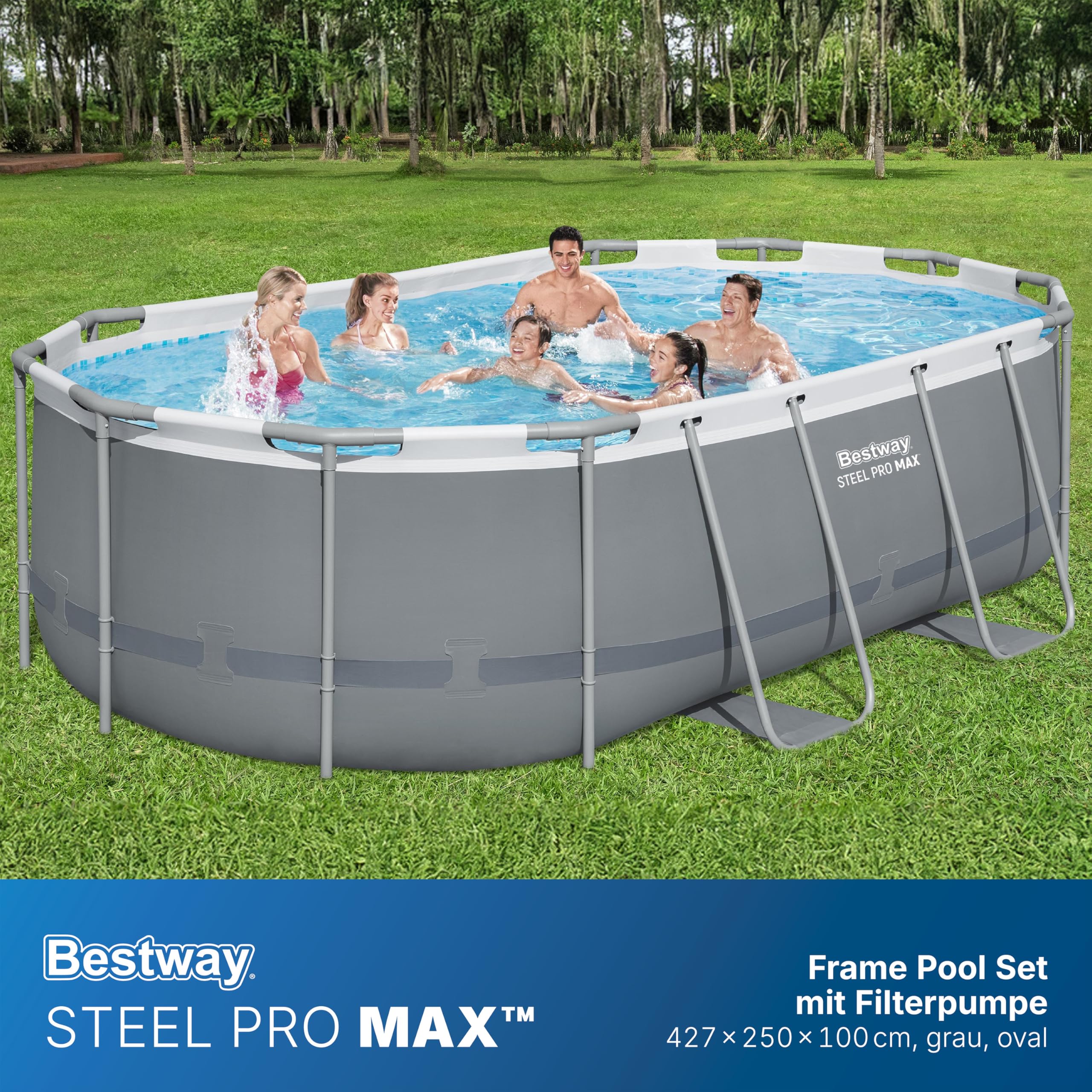 Bestway Power Steel Frame Pool Set mit Filterpumpe 427 x 250 x 100 cm, grau, oval
