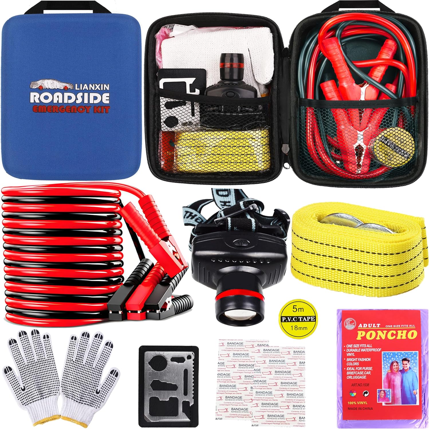 Automotive Roadside Emergency Package, with Jumper Cables Automotive Package,Automotive Security Roadside Help Package Headlamp,Tow Straps, Multi-Perform Blades, Rainwear, Gloves.Blue