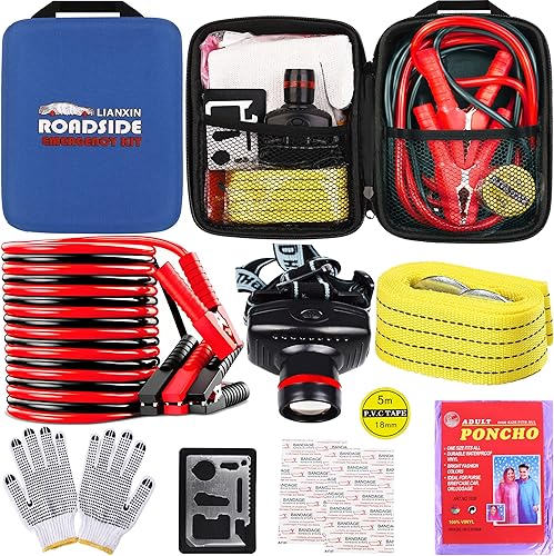 Kit de emergencia en carretera para automóvil, con cables de arranque, kit automotriz de asistencia en carretera para seguridad en el automóvil,