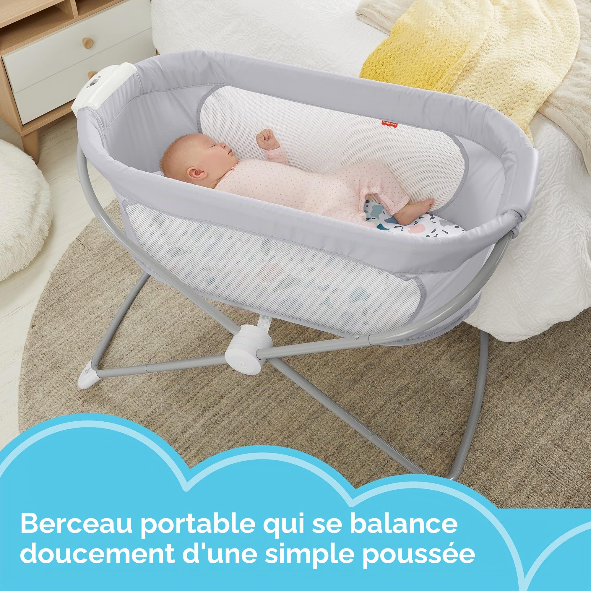 Fisher-Price Berceau Apaisant Compact, lit Pliable et transportable, Motif Galet du Pacifique, pour bébé jusqu'à 9 kg, GVG95