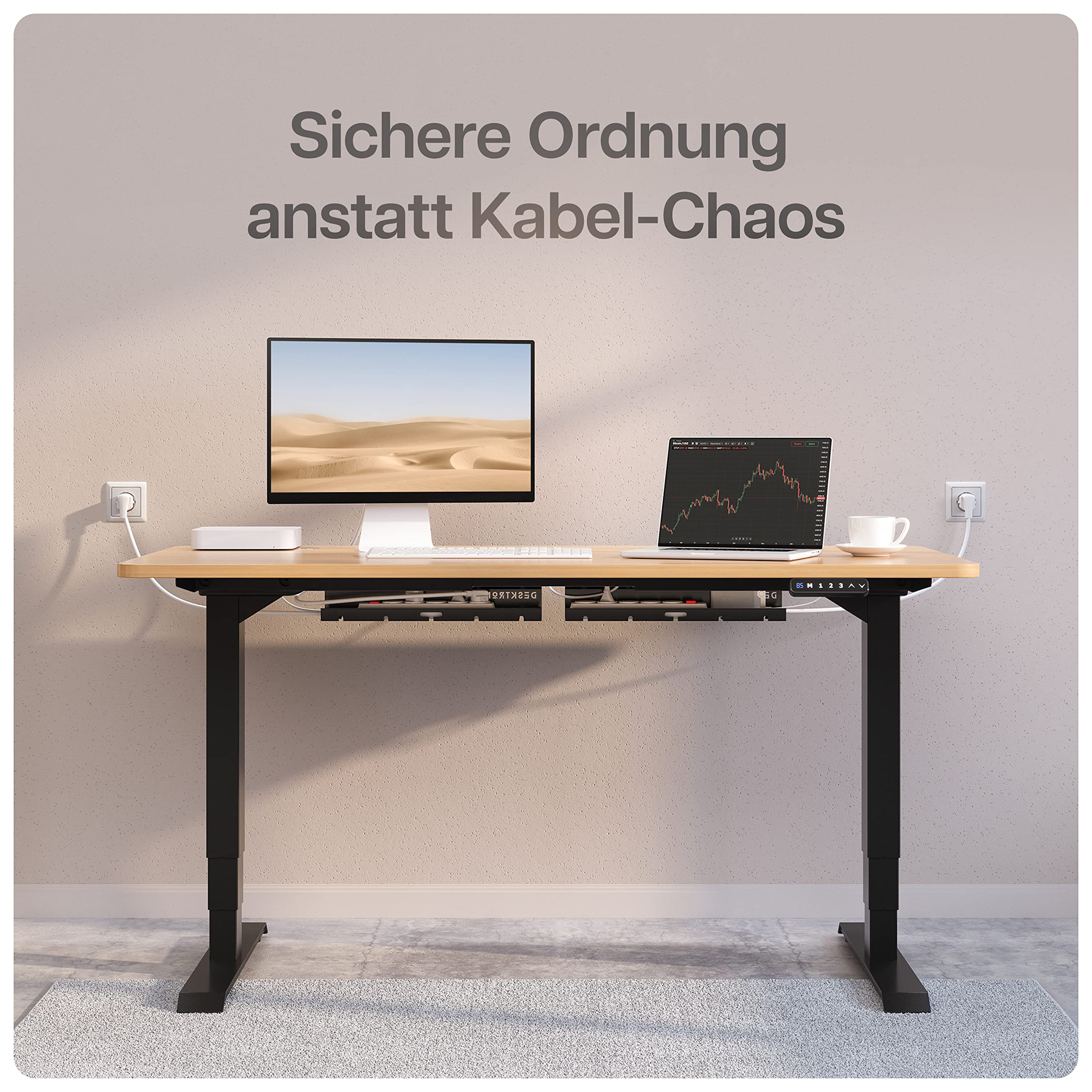 Kabelkanal Schreibtisch Schwarz 2er Set - Edelstahl Kabelmanagement Schreibtisch Kabelkanal mit 5 Kabelausschnitten - Einfach zu Installierender Kabel-Organizer - Kabelhalter von Desktronic