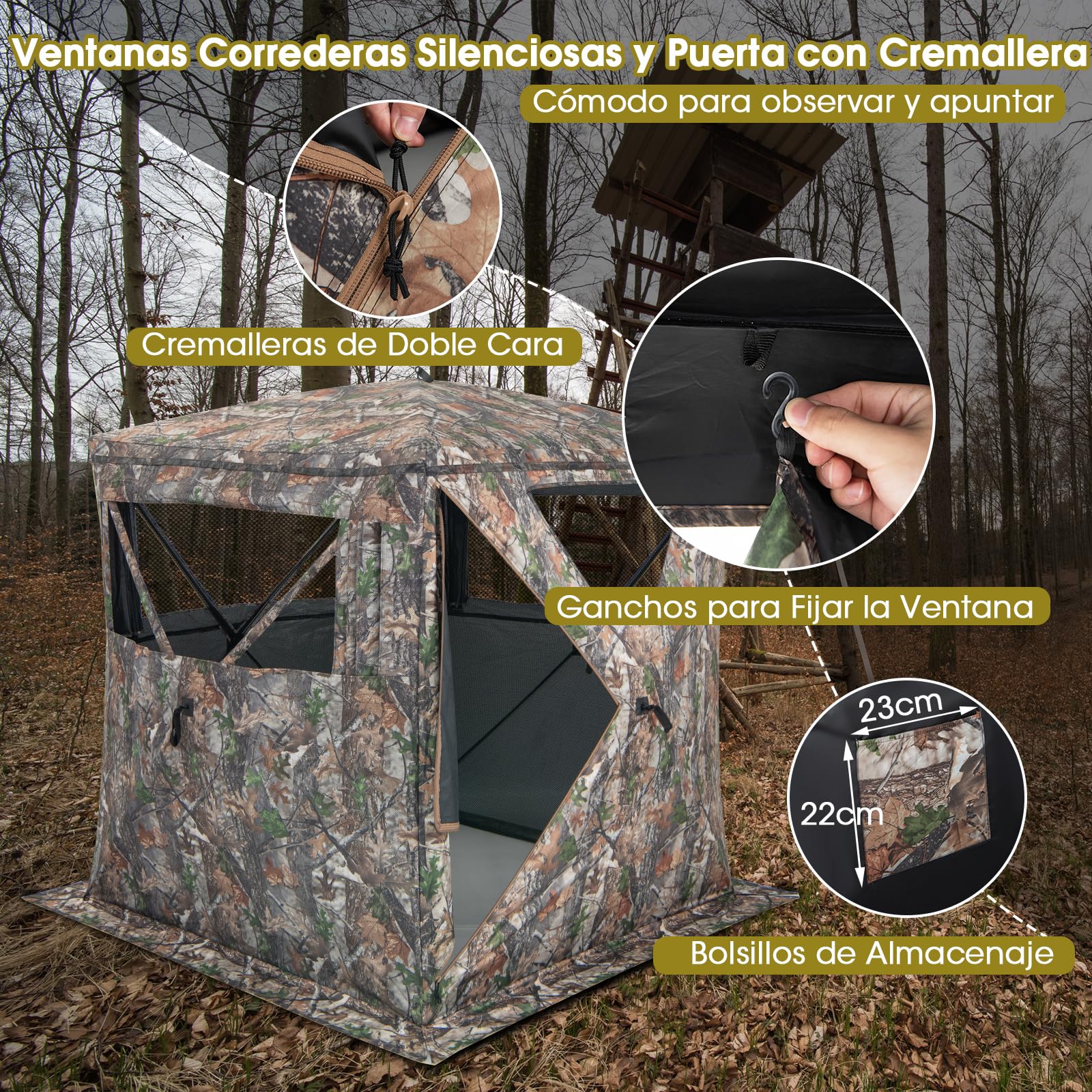 COSTWAY Persiana de Caza Portátil de 270 Grados, Estor de Suelo para 2-3 Personas con Ventana Corredera Silenciosa, Bolsa de Transporte, Puesto de Caza de Pavos y Ciervos, Camuflaje