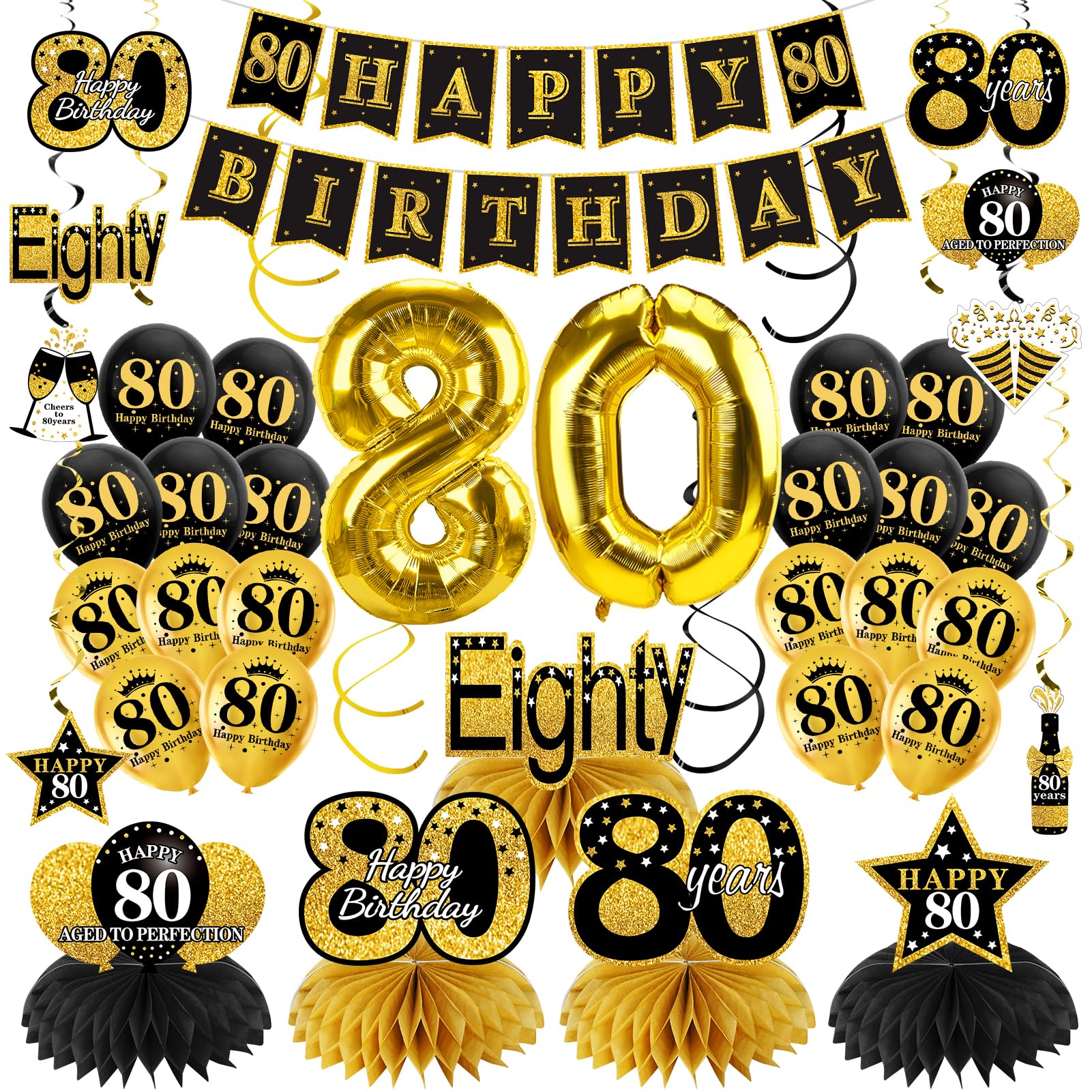Turypaty 36Pcs 80th Birthday Decorations Kit for Men Women, Black Gold Happy 80 Birthday Banner Balloons Honeycomb Centerpiece Hanging Swirl Party