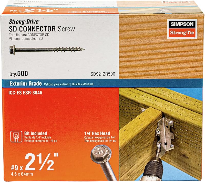 SD9212R500 - #9 x 2-1/2 Inch Strong Drive SD Connector Screws - 1/4 Inch Hex Head, Galvanized Coating, Hex Bit Included, for Construction, Home Improvement (Box of 500)