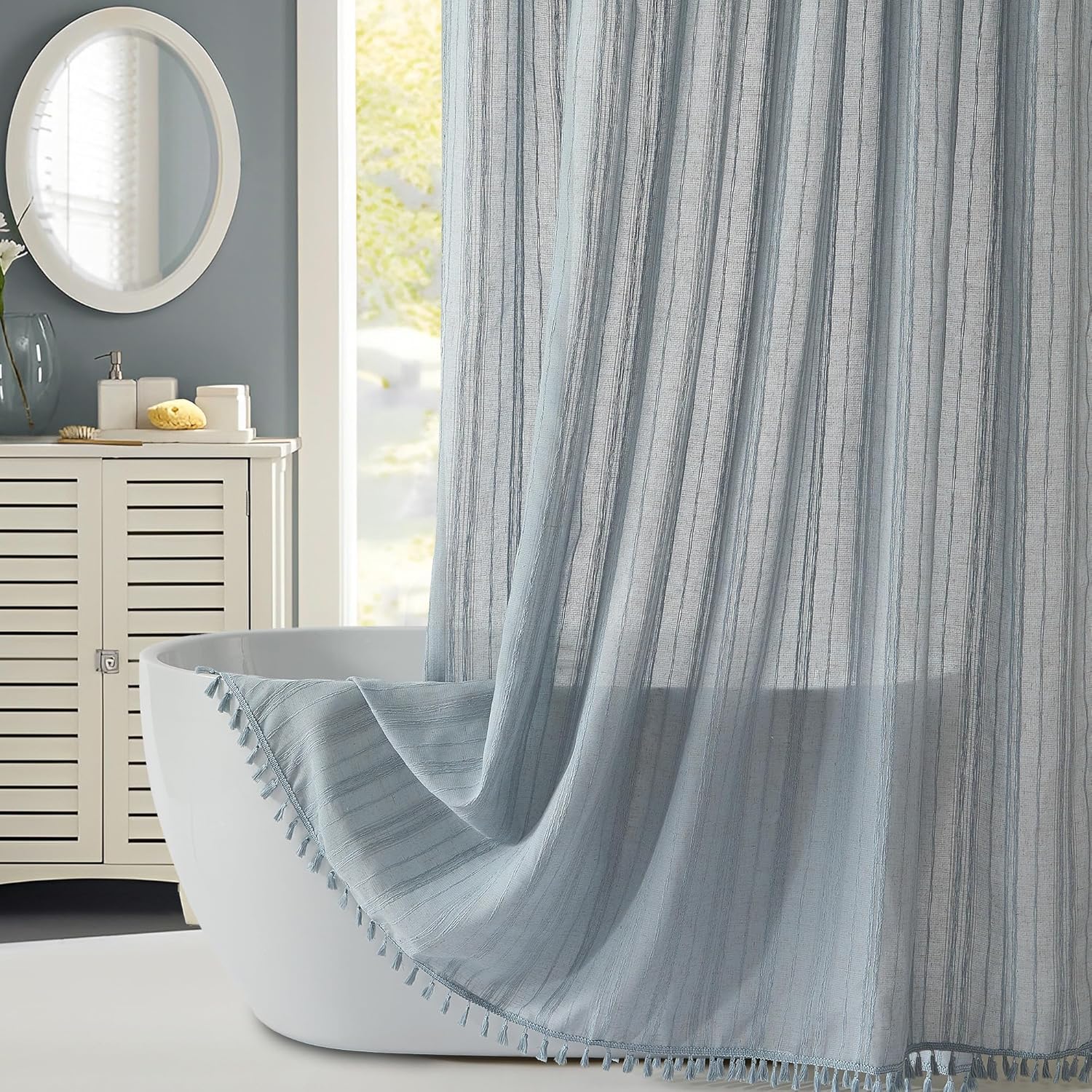 Siiluminisoy Fog Blue Shower Curtain Linen Shower Curtain Beige Boho Shower Curtain for Bathroom Rustic Striped French Country Shabby Chic Shower Curtains, 72” x 72“