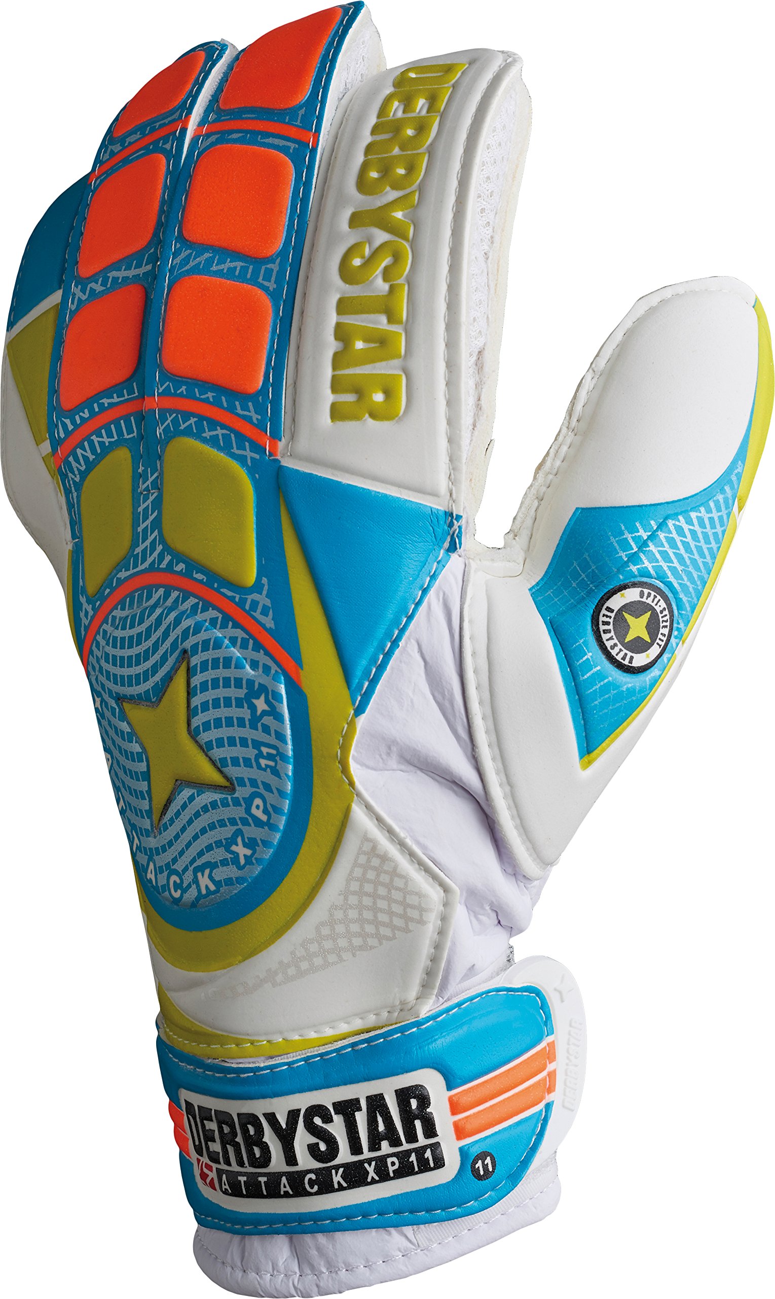 Derbystar Unisex Adult Attack XP11 Goalkeeper Gloves - white/blue/orange, 12