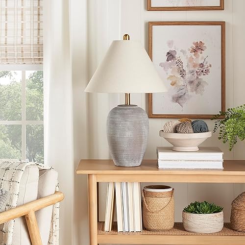 Nourison 23" Earth Brown Rustic Ceramic Pot Table Lamp for Bedroom, Living Room, End Table, with Beige Conical Empire Shade