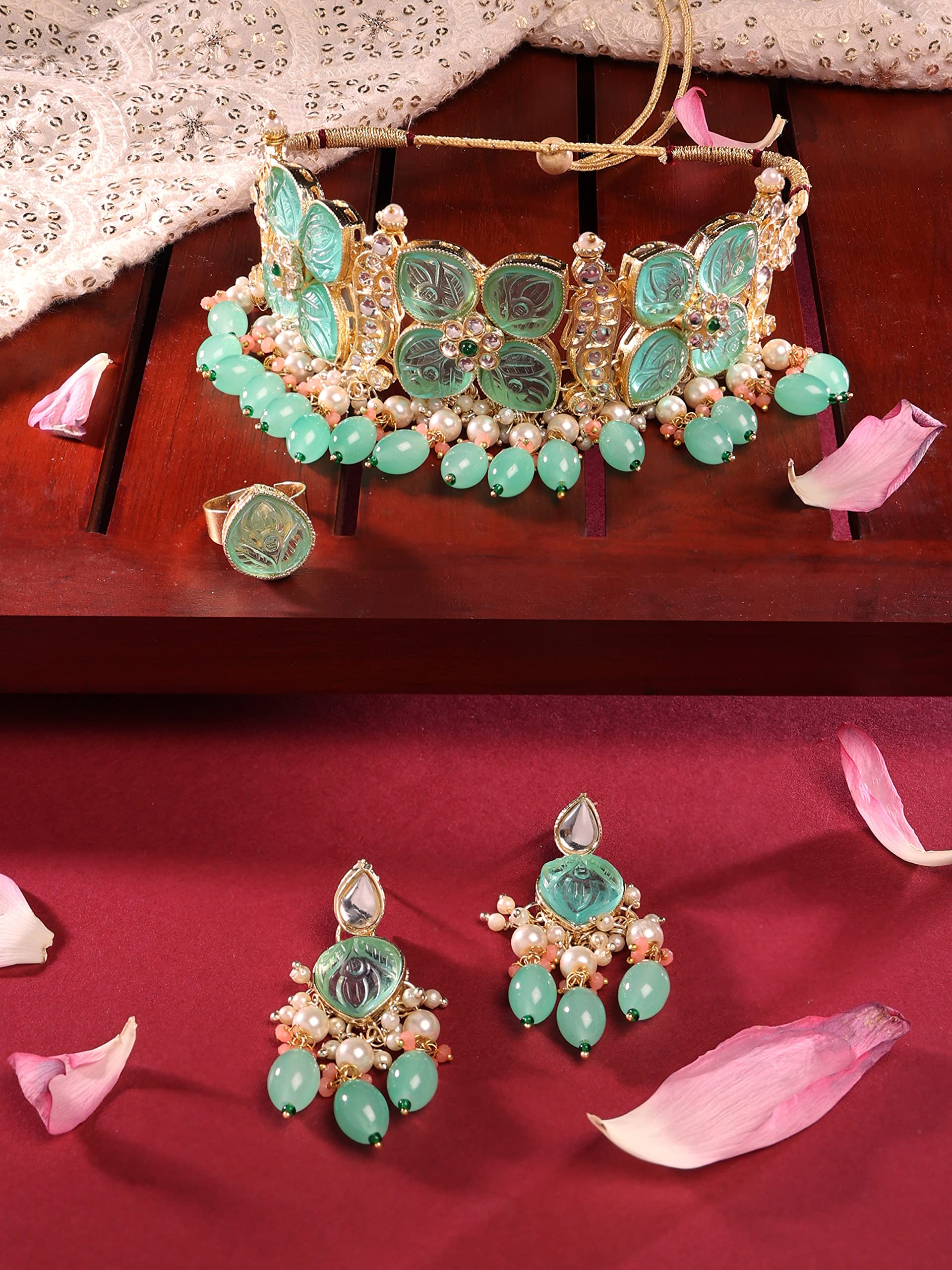 Kundan Choker Necklace Earring & Ring Set-ZPFK14722