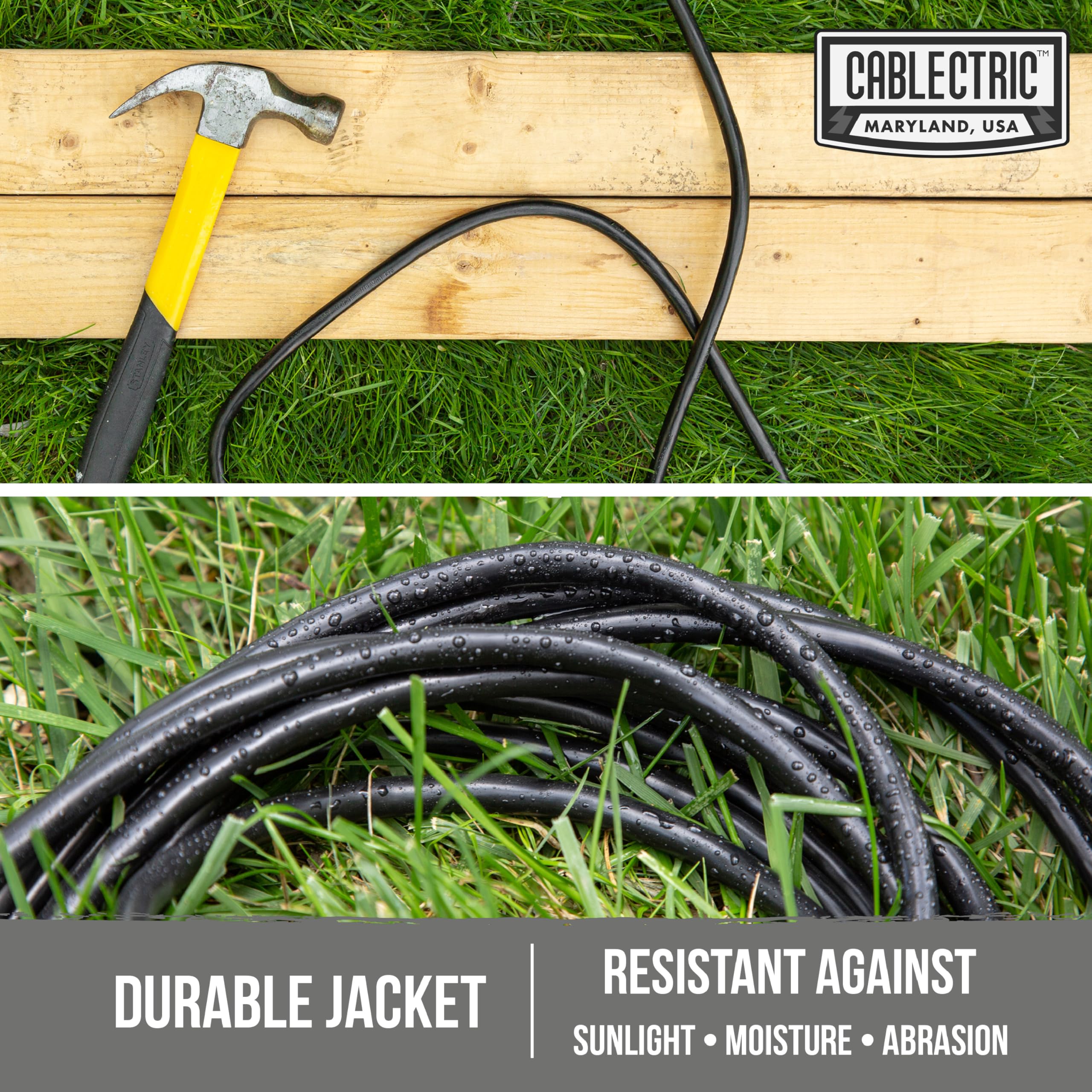 Cable de extensión para exteriores de 50 pies – 16/3 SJTW negro calibre 16 con enchufe de tierra de 3 clavijas