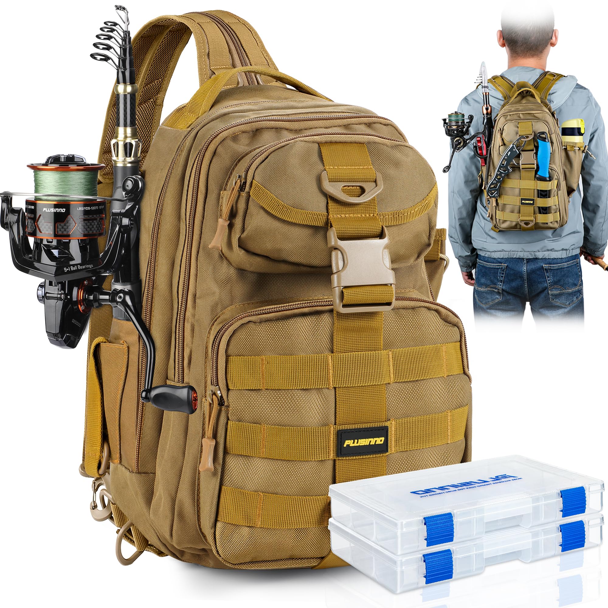 PLUSINNO Fishing Backpack Tackle Bag, Water-Resistant Backpack with Rod Holder, Ideal Gifts for Men