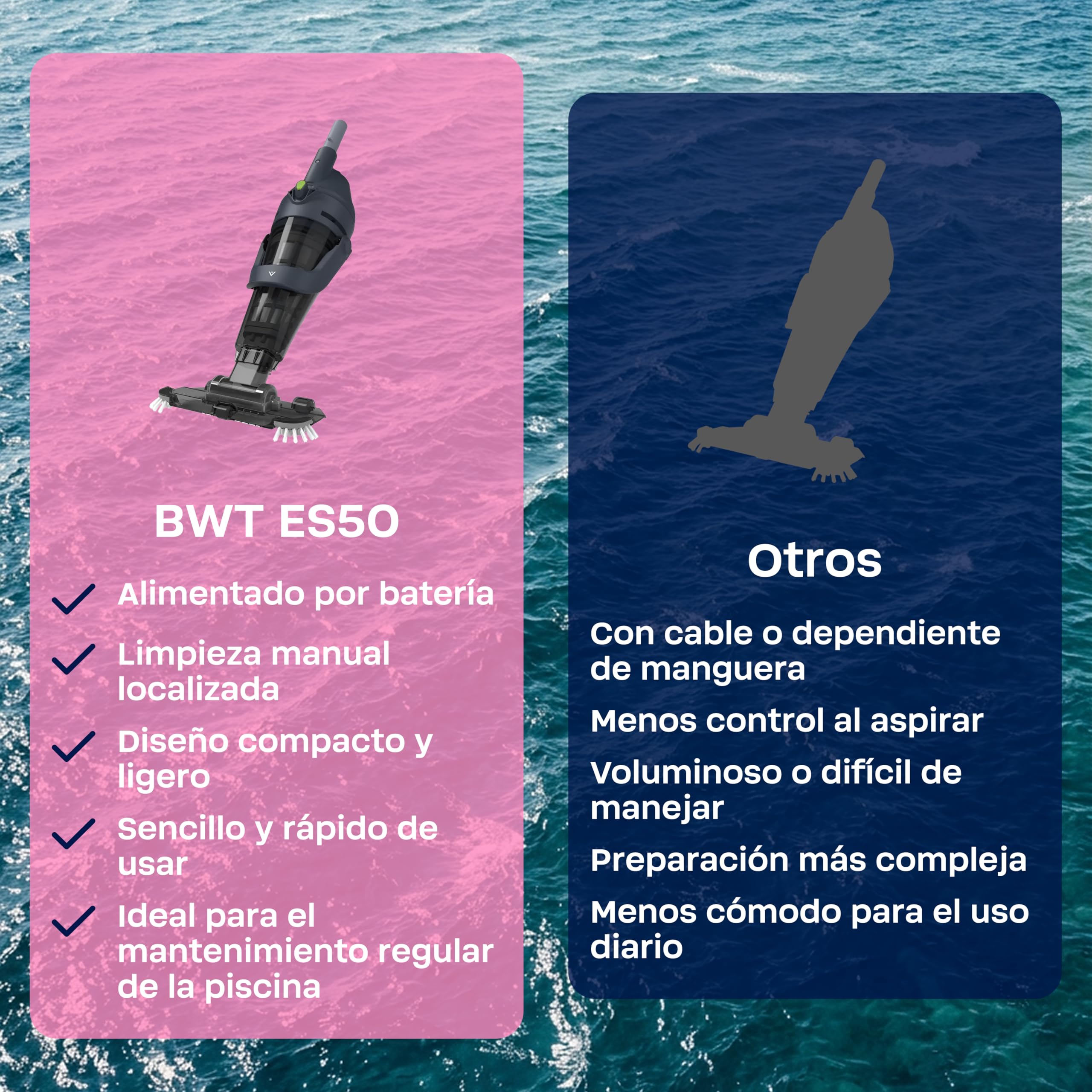 [NUEVO 2026] BWT Aspirador de piscina ES50 | Limpiador inalámbrico a batería | 60min autonomía | 5200 mAh | para piscinas hasta 25000l | Carga USB | Inalámbrico, 40 min de autonomía, 2000 mAh, para piscinas de hasta 25000 l, carga USB