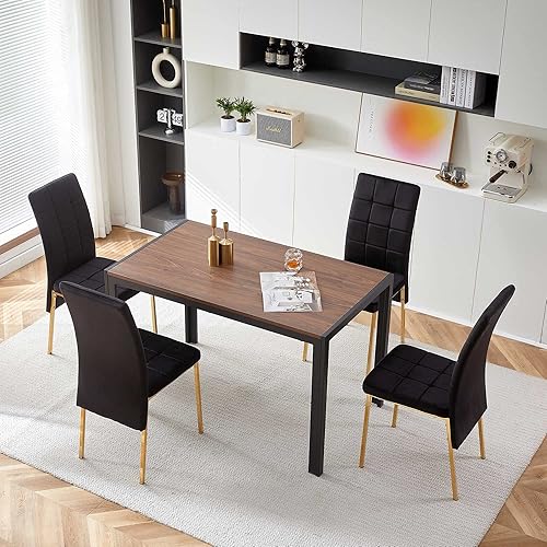 Miniatura 7 de Juego de mesa de comedor para 4, elegante silla de comedor de terciopelo, diseño único con patas de metal dorado, juegos de mesa de comedor de