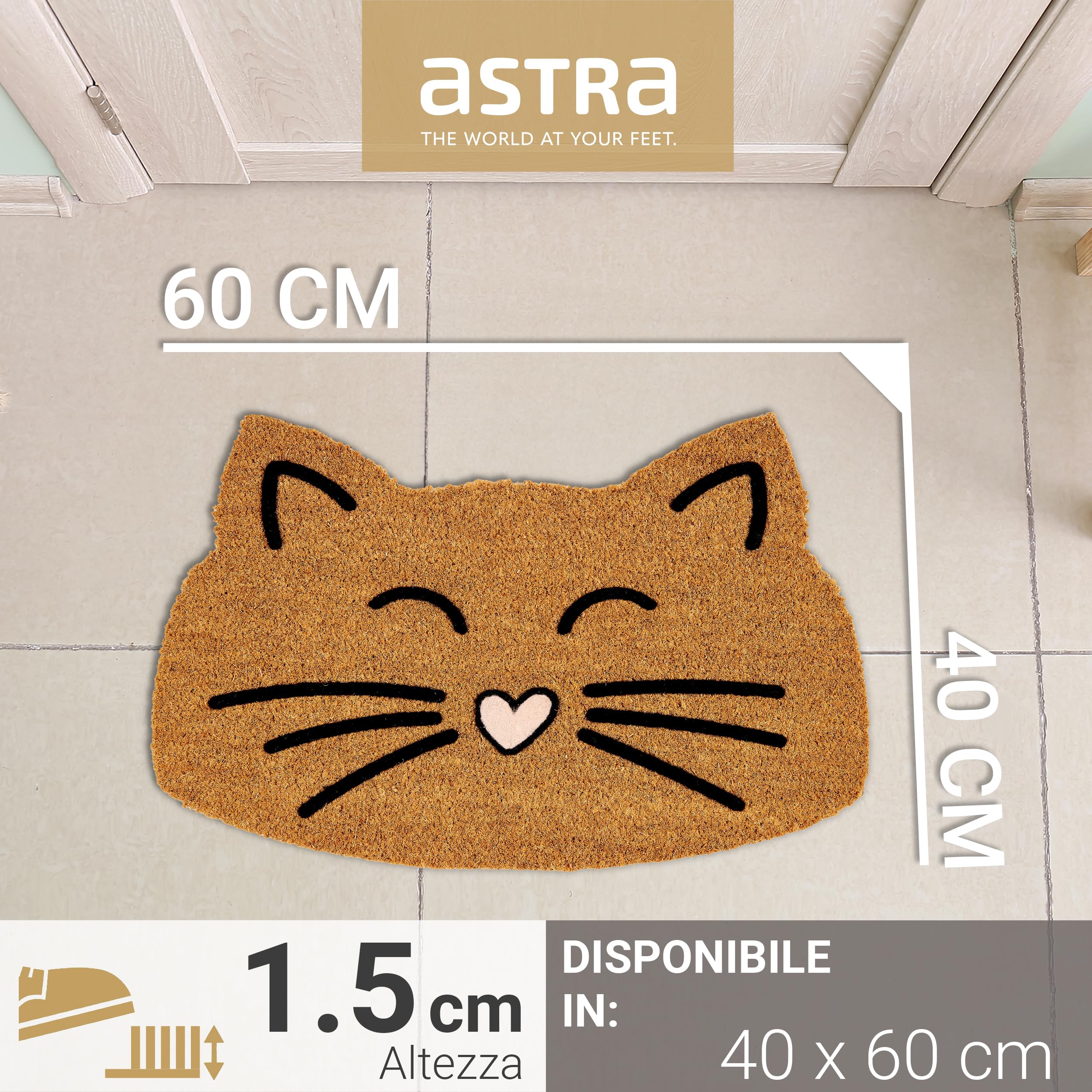 Zerbino Naturale in Cocco - Set di 2 Gatti 40x60cm - Antiscivolo Che Trattiene Lo Sporco - Per Porta Coperta da Spazio Esterno | Zerbino naturale per interni ed esterni, in cocco antiscivolo, con motivo