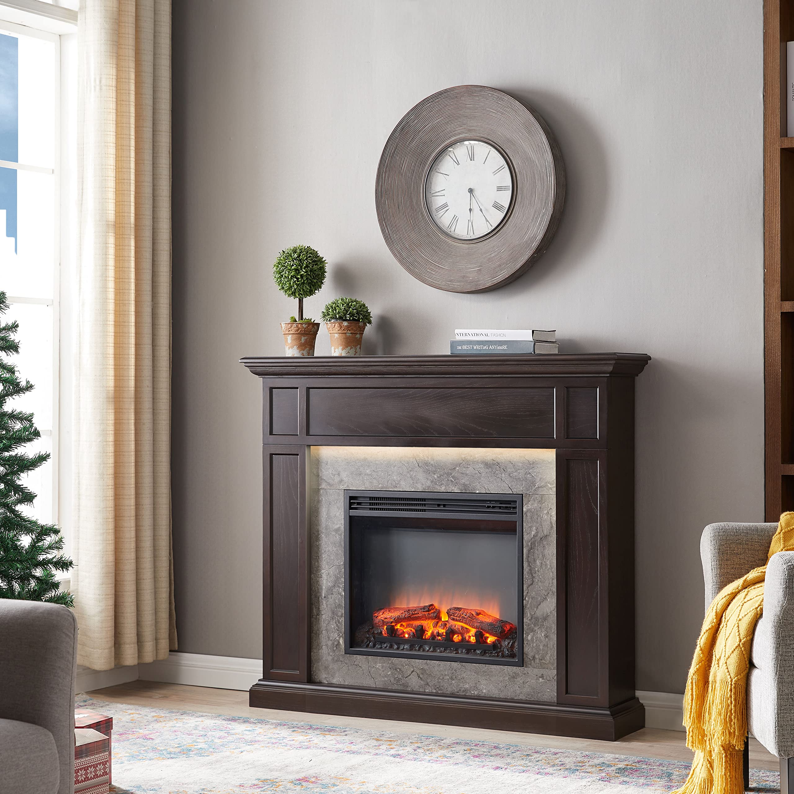 LegendFlame Fireplace Suite Sheraton, 48 Inch Mantel Surround, Espresso Oak  with Light Grey Marble Finish, with 23 Inch Electric Fireplace Insert,  750W/1500W, Weekly Timer, Mood Light, Remote Control : Home u0026 Kitchen -  Amazon.com