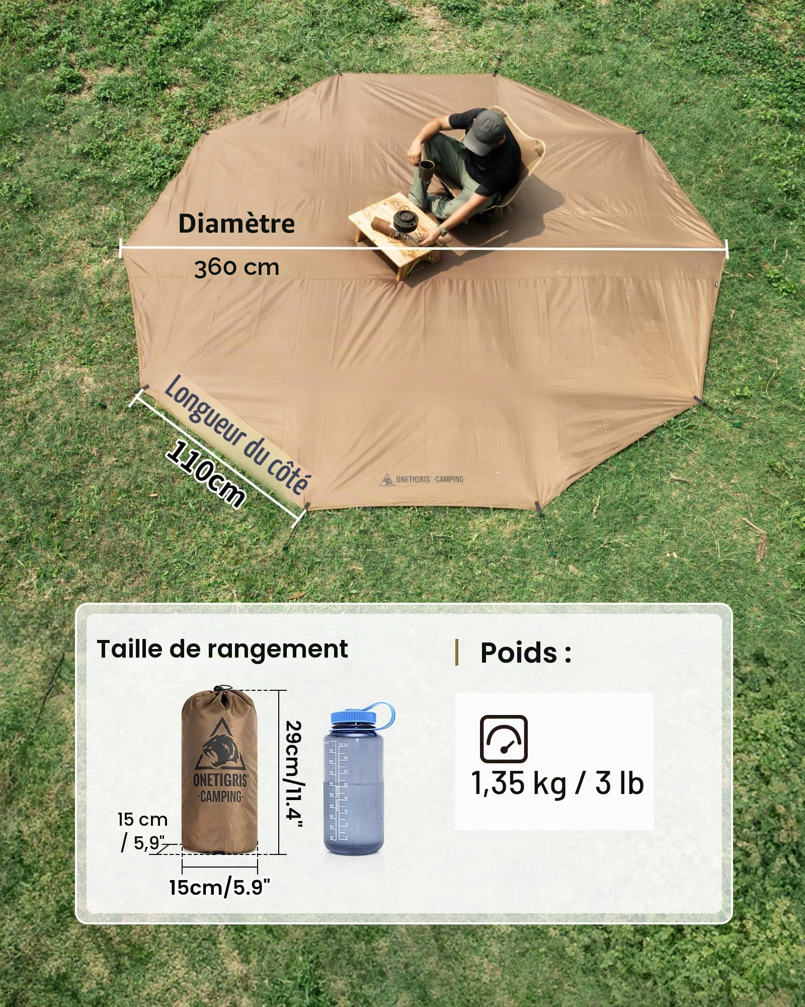 OneTigris Rock Fortress - Bâche de sol de camping pour 6 personnes - Multi-usage - Imperméable - 5 000 mm - Avec sac de rangement - Pour camping, randonnée et pique-nique - Diamètre : 360 cm