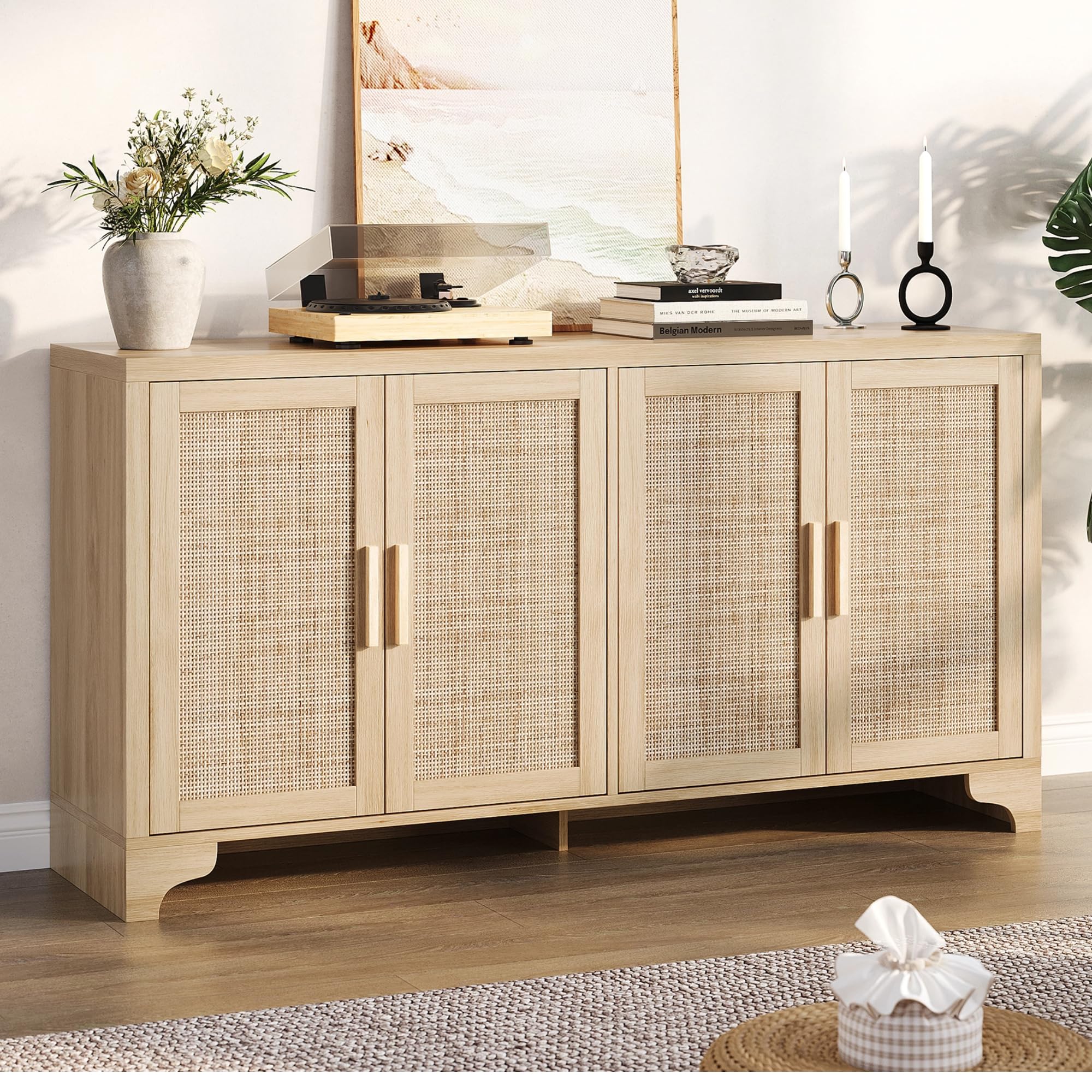 Garvee Natural Rattan Storage Cabinet with Shelves, 4-Door Sideboard Buffet Cabinet, Boho TV Stand Console Table for Living Room, Entryway, Dinning Room