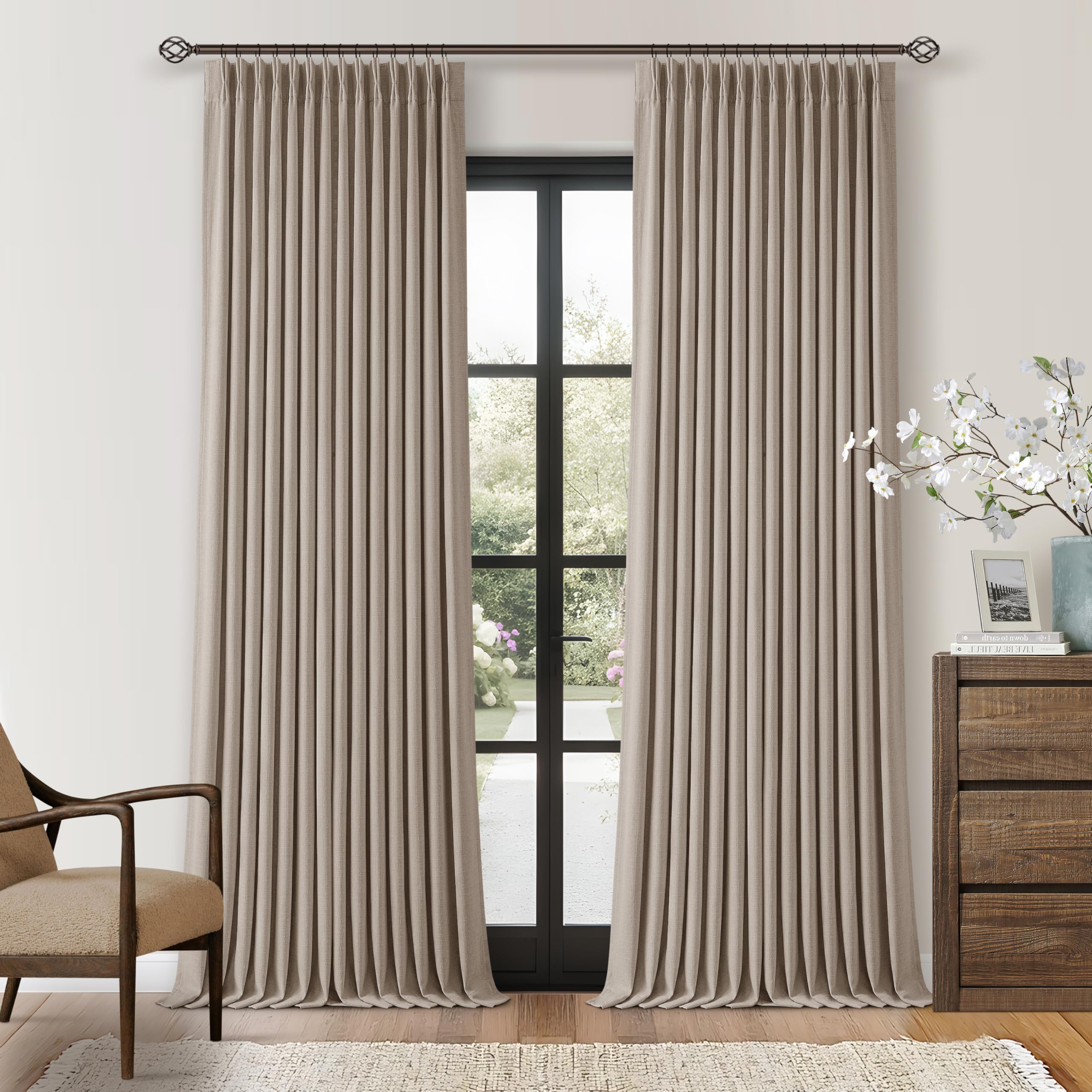 ( only 1 pcs )Burlywood Birch Linen Pinch Pleated Blackout Curtains 84 Inches Long for Bedroom Living Room Darkening 100% Black Out Pinch Pleat Drapes with Liner Farmhouse Neutral 84 Inch Curtain for Dining Room