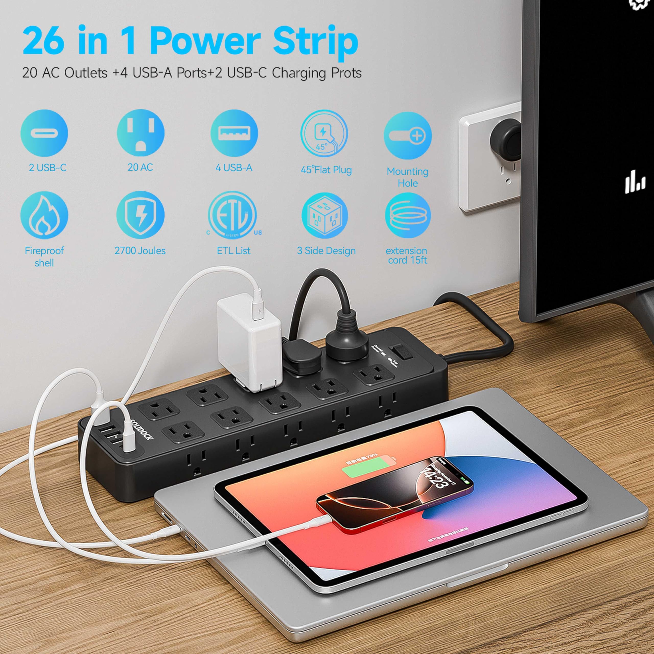 Ciabatta con protezione contro le sovratensioni per spina piatta con 20 prese AC, 6 porte USB, 1875W/15A, 2700J, cavo di prolunga resistente da 4,6 m per la casa