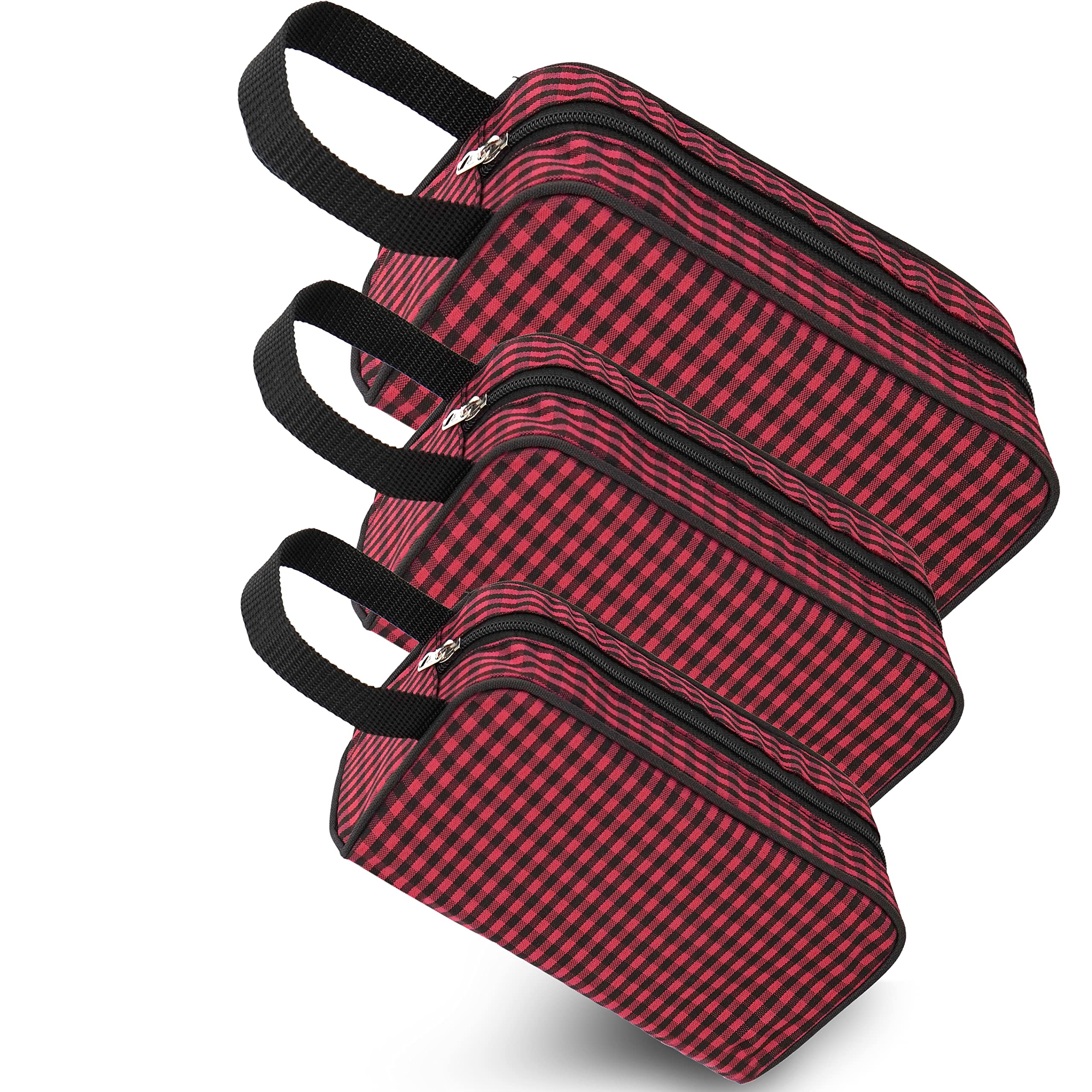 Polyester Set of 3 Multipurpose Travel Pouch Makeup Toiletry Kit Bag Cosmetic Pouch for Women Shaving Kit Bag for Men (Red & Black Checks, 22 L X 8 W X 10.5 H)-image-1
