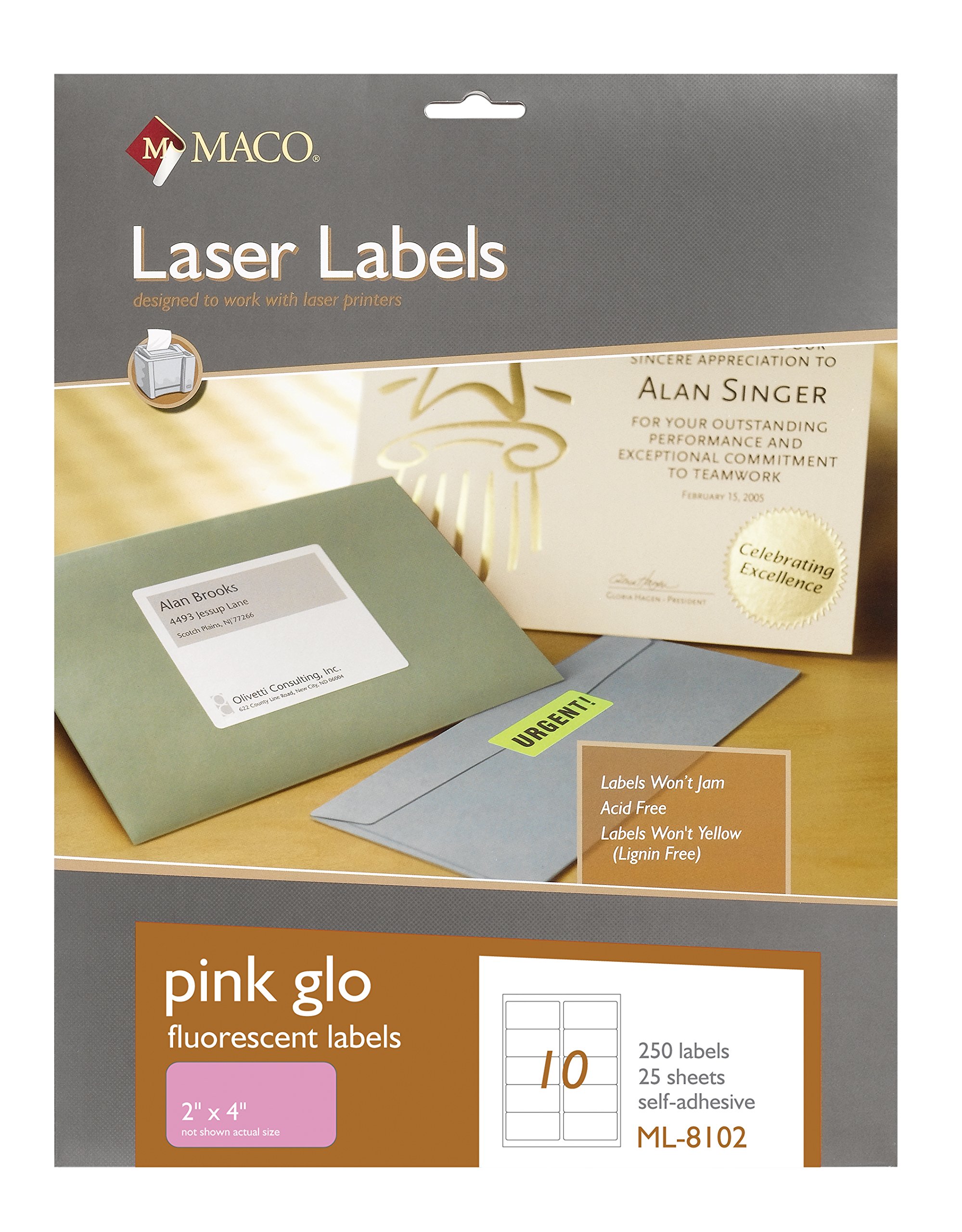MacoLaser Pink Fluorescent Labels, 2" x 4", 10 per Sheet, 250 per Pack (ML-8102)