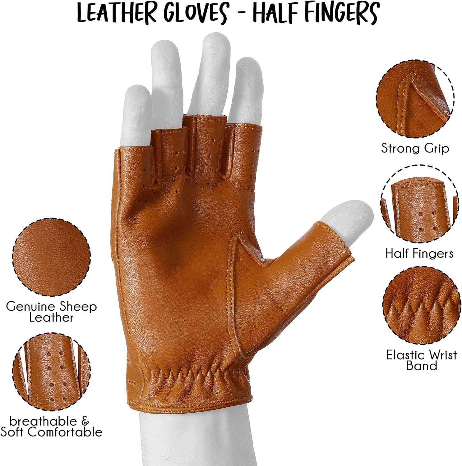 Genuine Lambskin leather motorcycle half finger Gloves - Image 4