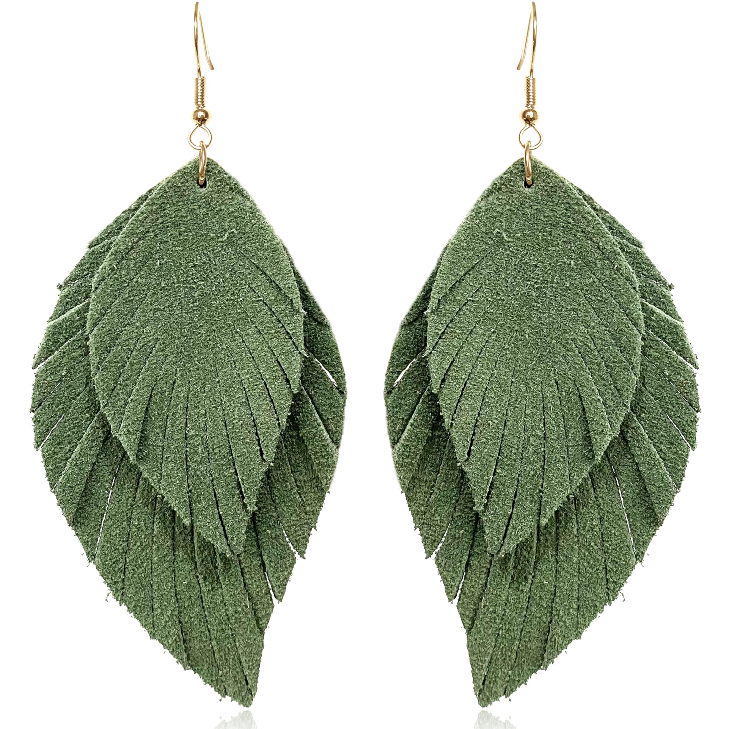 JIMARIN Handmade Bohemian Large Soft Genuine Leather Fringe Double Feather Dangle Drop Earrings Lightweight Simple Color PU Leaf Hook Earrings for