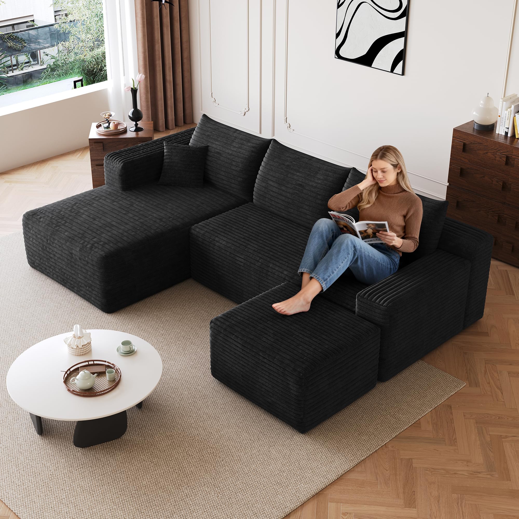 Photo 1 of 95'' Cloud Sectional Sofa Boneless Couch for Living Room, Minimalist Left Facing Compressed Couch with Chaise Lounge and Ottoman, Plush Corduroy Deep Seat Memory Foam Sofa