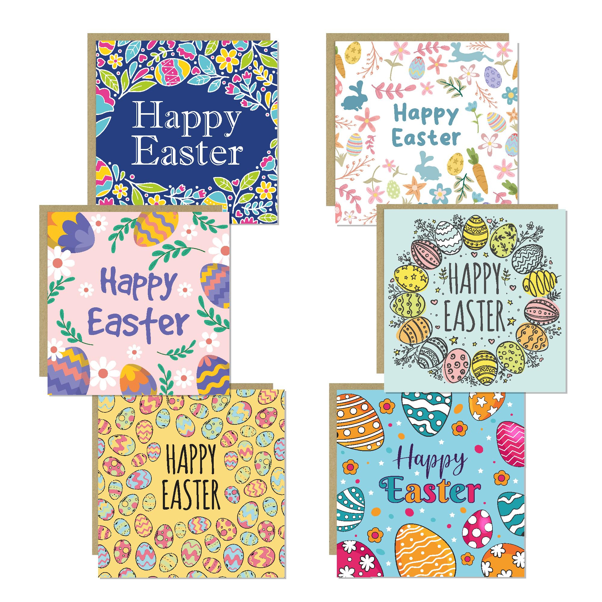 RED OCEAN Multipack Of Easter Cards, Pack of 6 Happy Easter Card, Floral Designs, Bunny Egg Cards, 14.5x14.5cm With Envelopes Included, Greetings Card Multipack For Kids Family