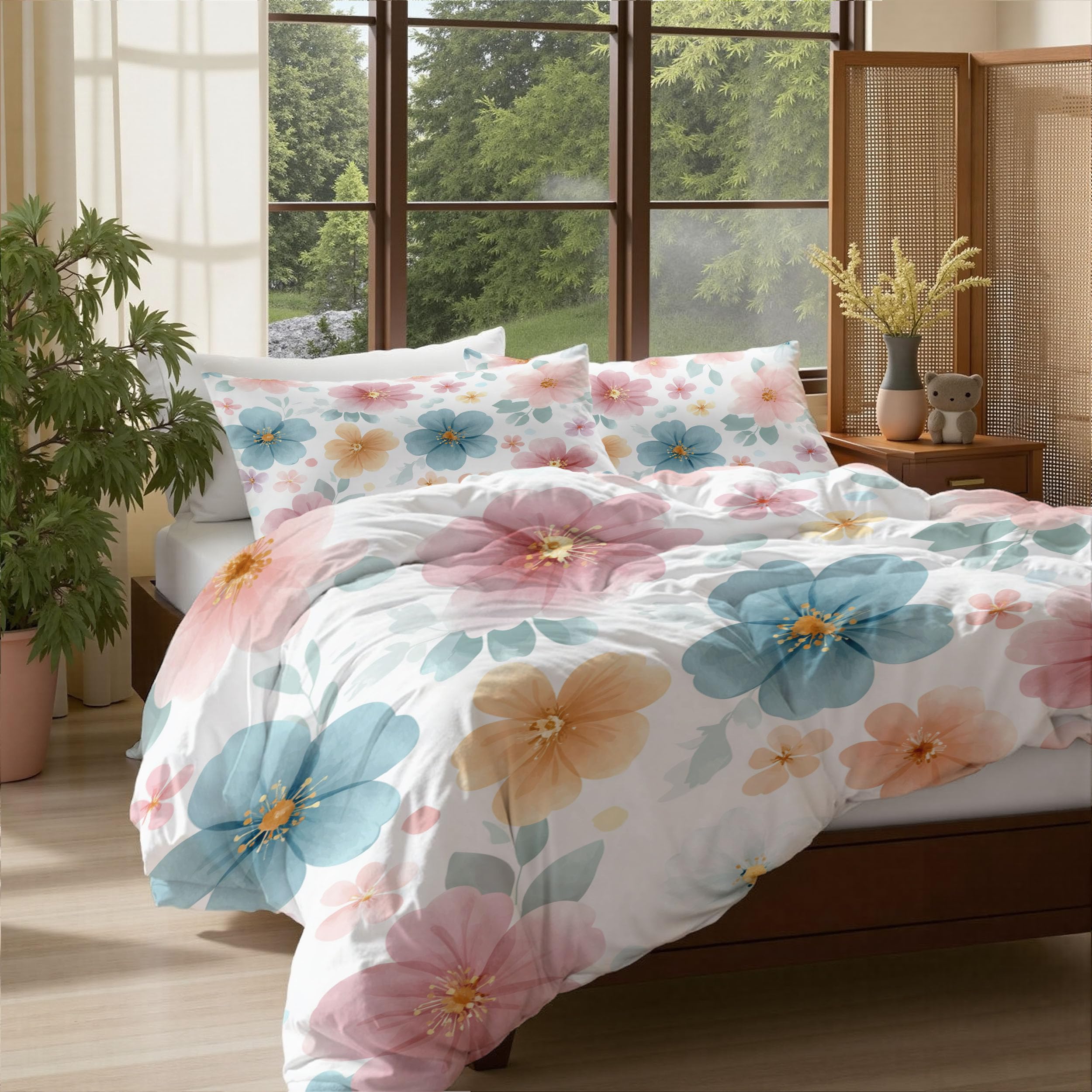 Housse de couette 220x240 aquarelle rose poudré aux finitions soignées
