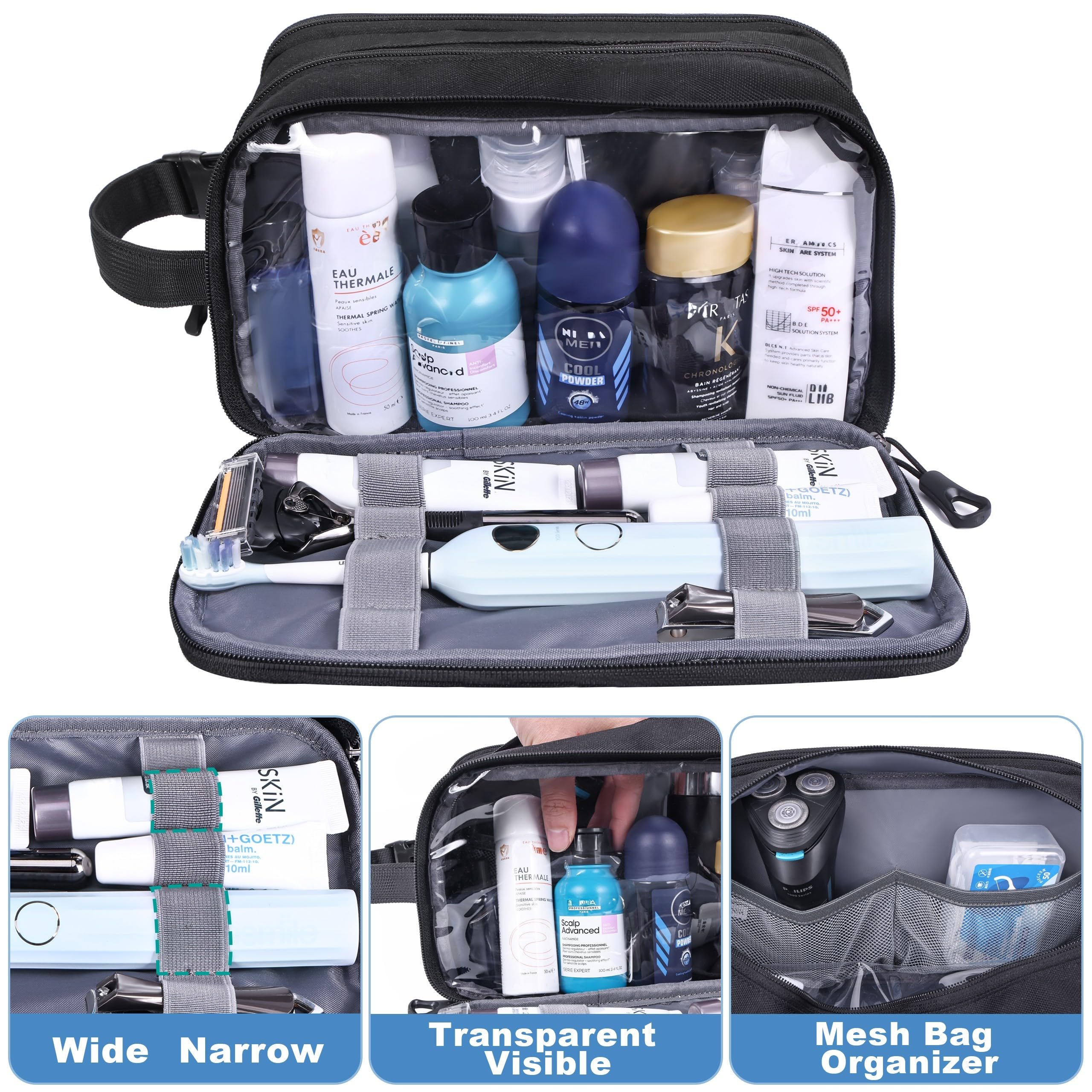 HILOMON Neceser de viaje para hombre, con cremalleras YKK, bolsa de aseo táctica con compartimentos, bolsa de baño impermeable, bolsa de higiene, bolsa de cosméticos para hombres, Negro -,