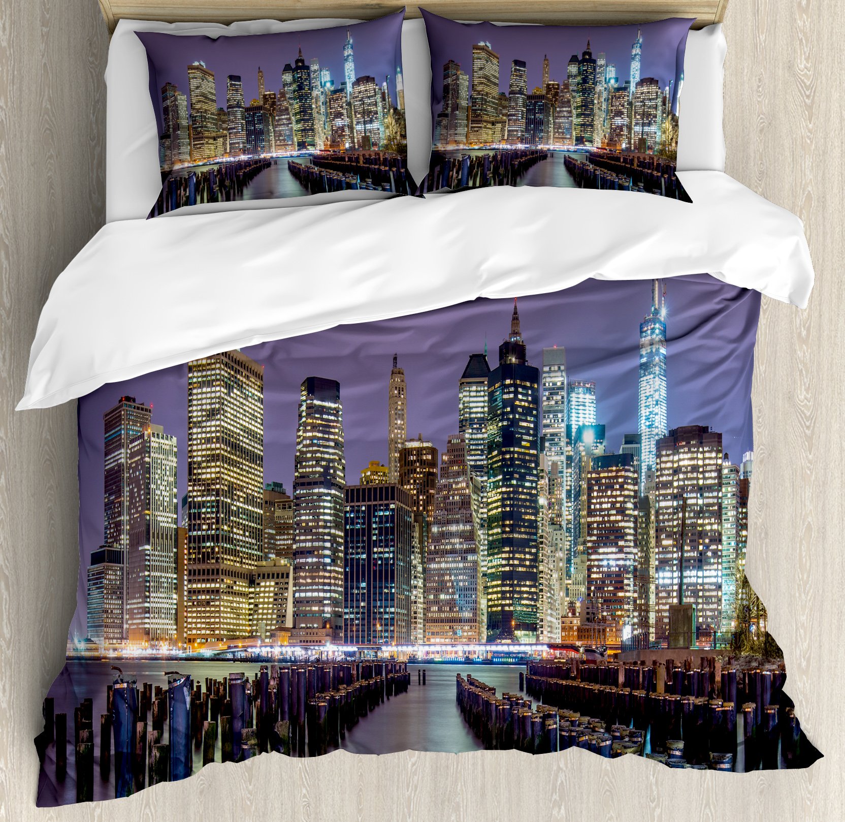 LunarableNew York City Duvet Cover Set, Lower Manhattan Skyline from Across The East River United States of America, Decorative 3 Piece Bedding Set with 2 Pillow Shams, Queen Size, Yellow Lilac
