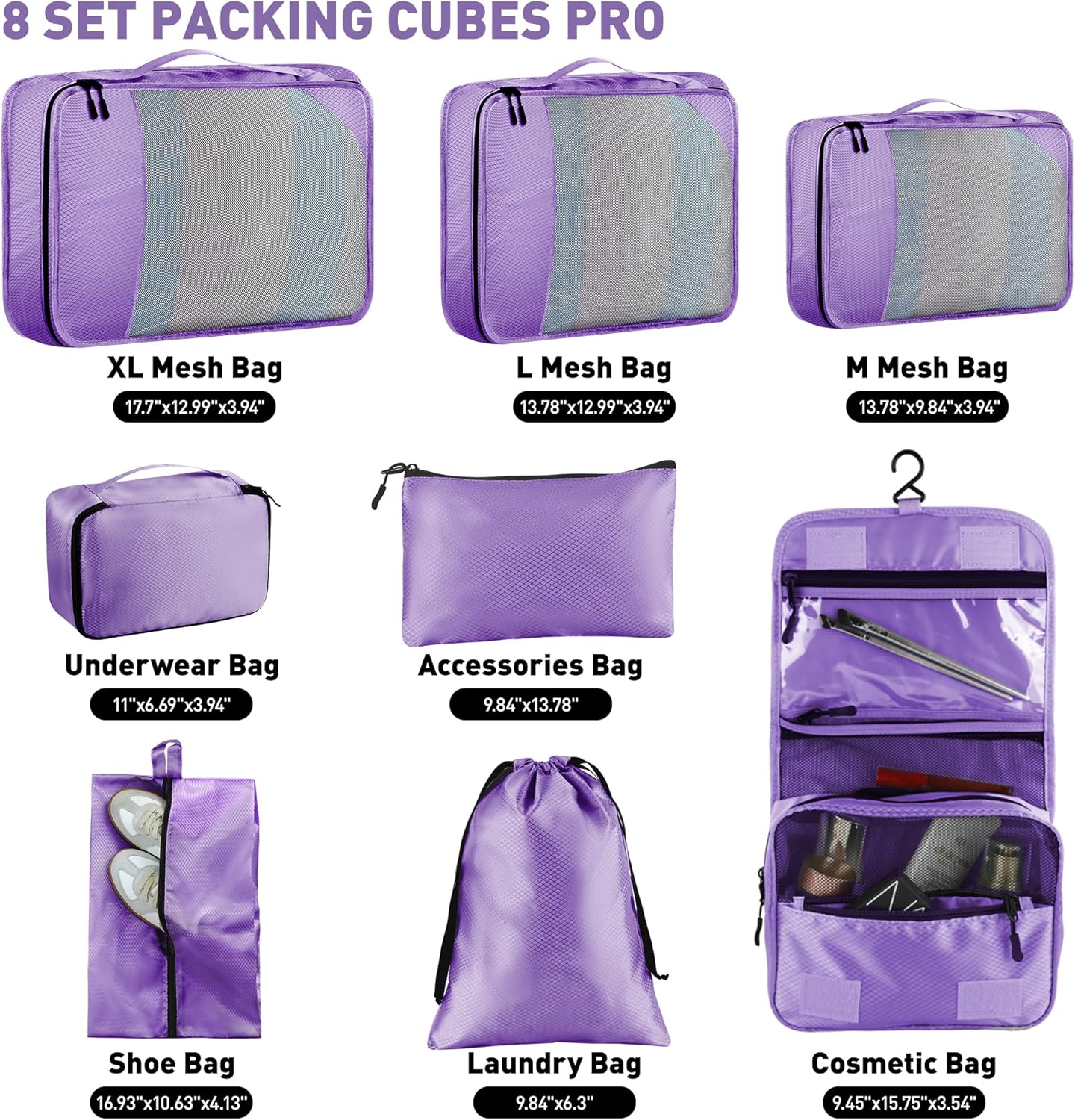 Toncoke 8-Piece Packing Cubes for Travel, Mesh Luggage Organizers with Shoe Bag, Toiletry Bag, Laundry Pouches, 4 Sizes (XL/L/M/S) for Suitcase Organization, Men Women Kids, Purple
