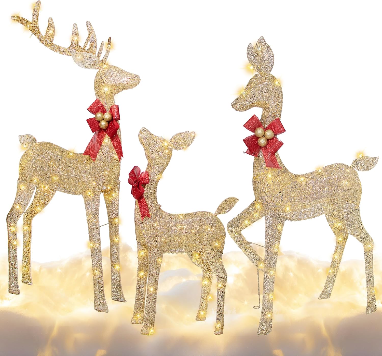Reindeer Christmas Decoration for Yard, 3-Piece Light Up Reindeer Family for Christmas Outdoor Decorations Yard, Lighted Xmas Deer Outdoor Holiday Decorations 210 Led Lights 54''H Gold