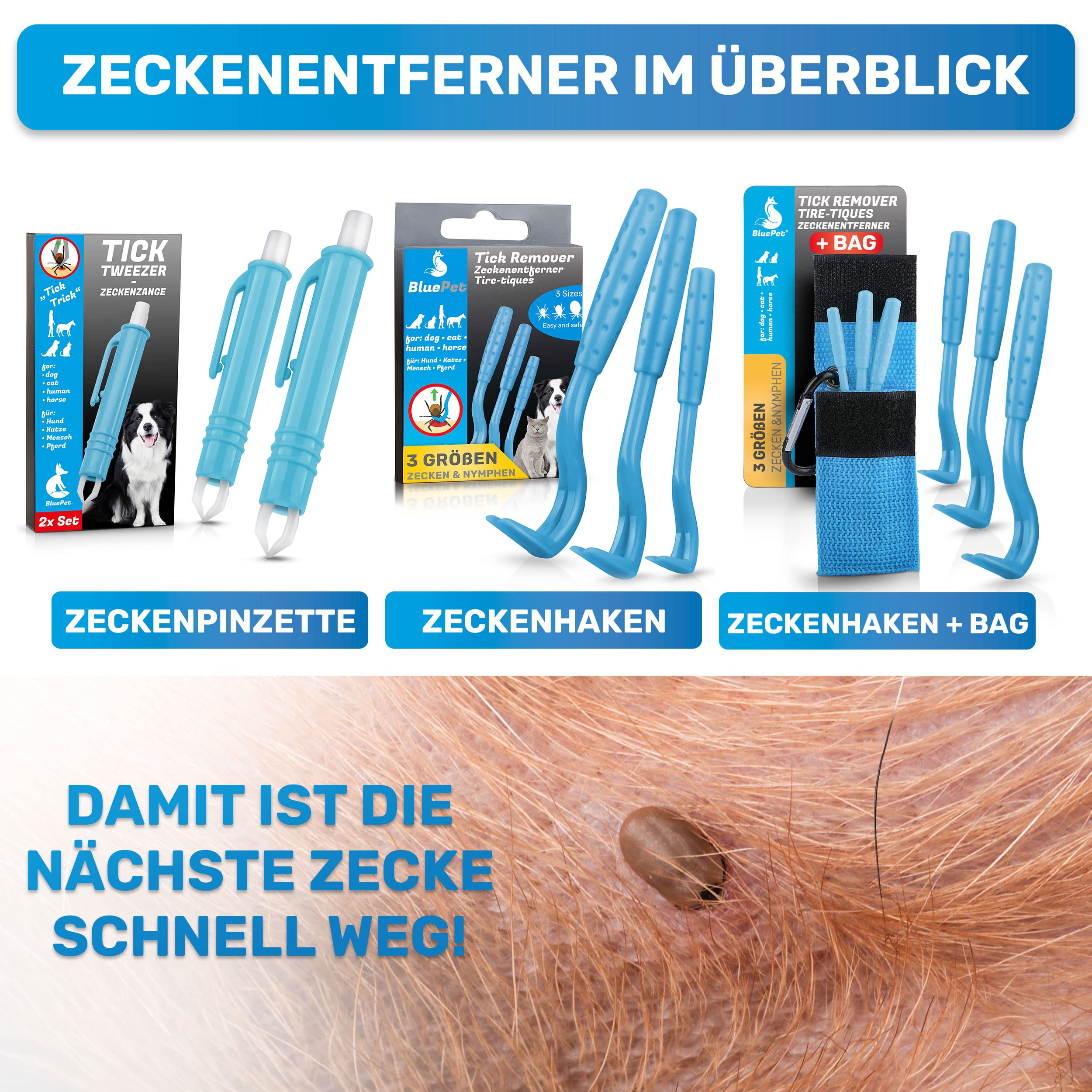 BluePet 3X Automatische Zeckenzange als Zuverlässige Zeckenpinzette Für Hunde, Katzen, Pferde & Menschen I Perfekter zeckenentferner für jedes Zeckennotfallset