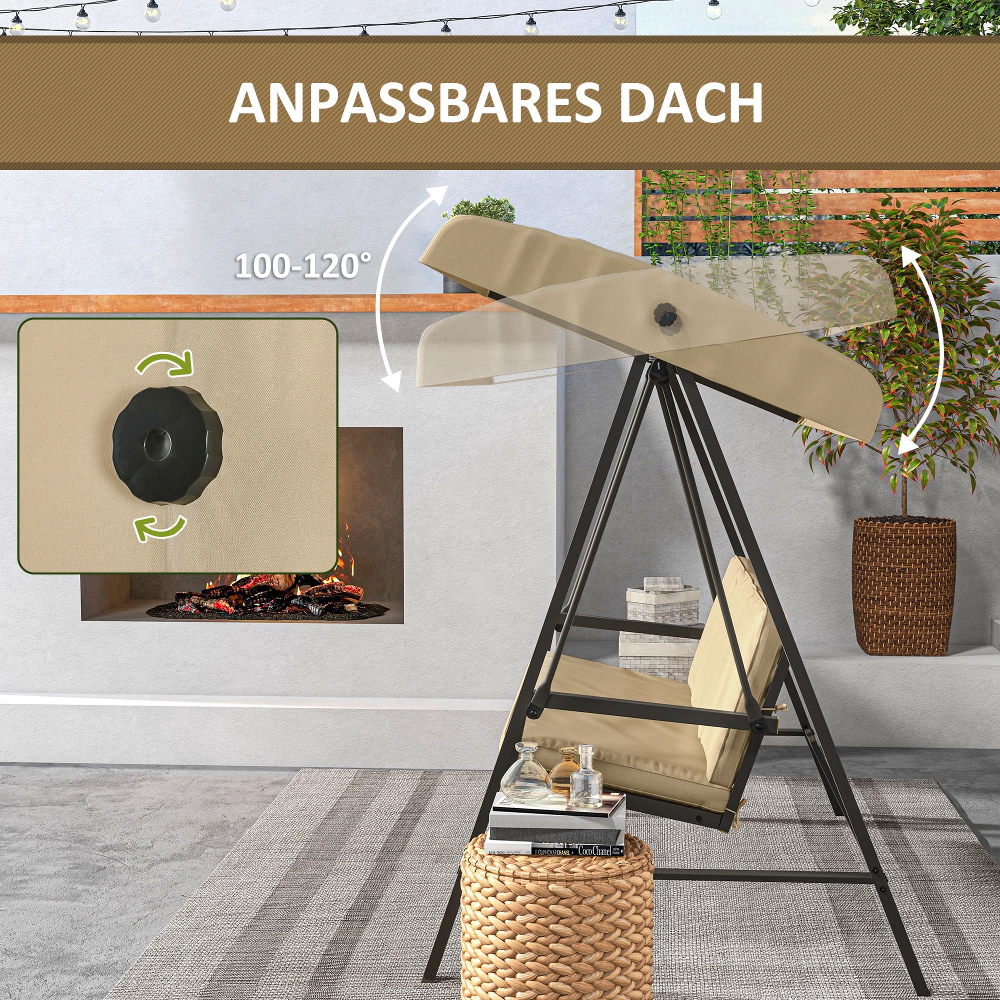 Outsunny Hollywood swing Panca per altalena a 3 posti con tetto regolabile, panca per altalena con cuscini per lo schienale, altalena da giardino con portata fino a 360 kg, beige, 200 x 125 x 175 cm