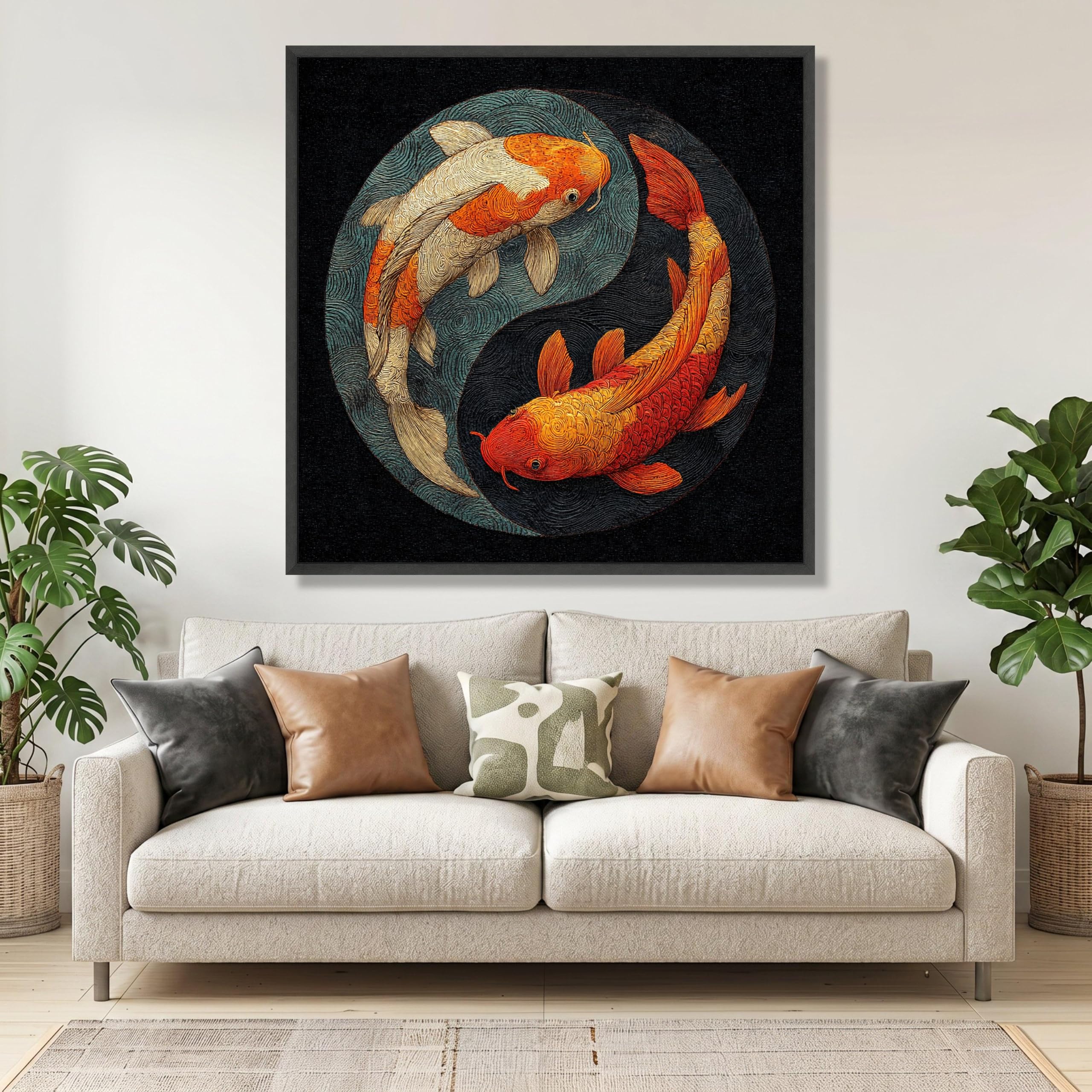 CAOXTART Yin Yang Koi Fish Oil Painting, Japanese Art Canvas Print, Zen Wall Decor, Balance Symbol Posters, Tranquil Home Decor(20x20cm/Internal Frame)