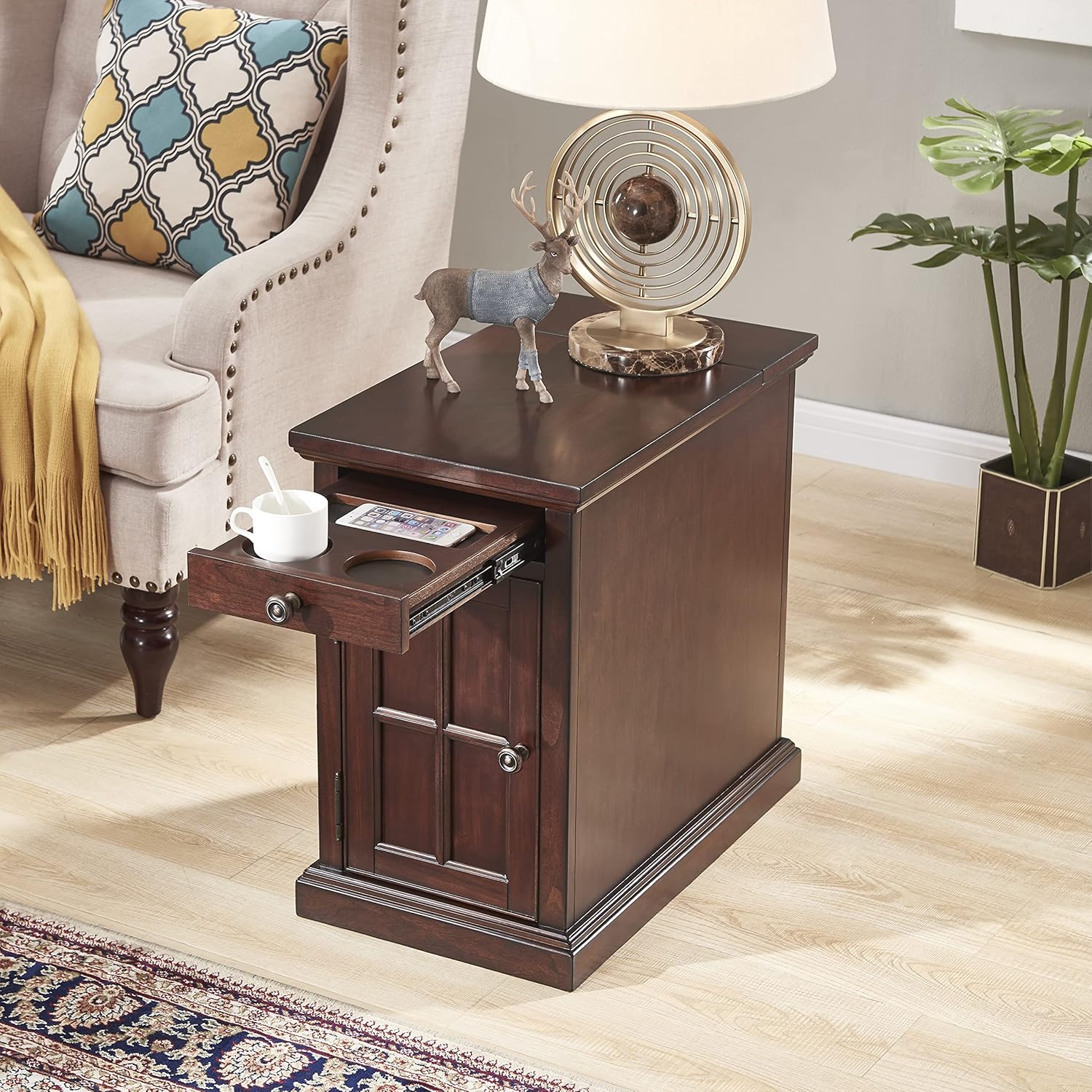 Saldana Chairside End Table with Cup Holders USB Ports & Outlets - Brown Color