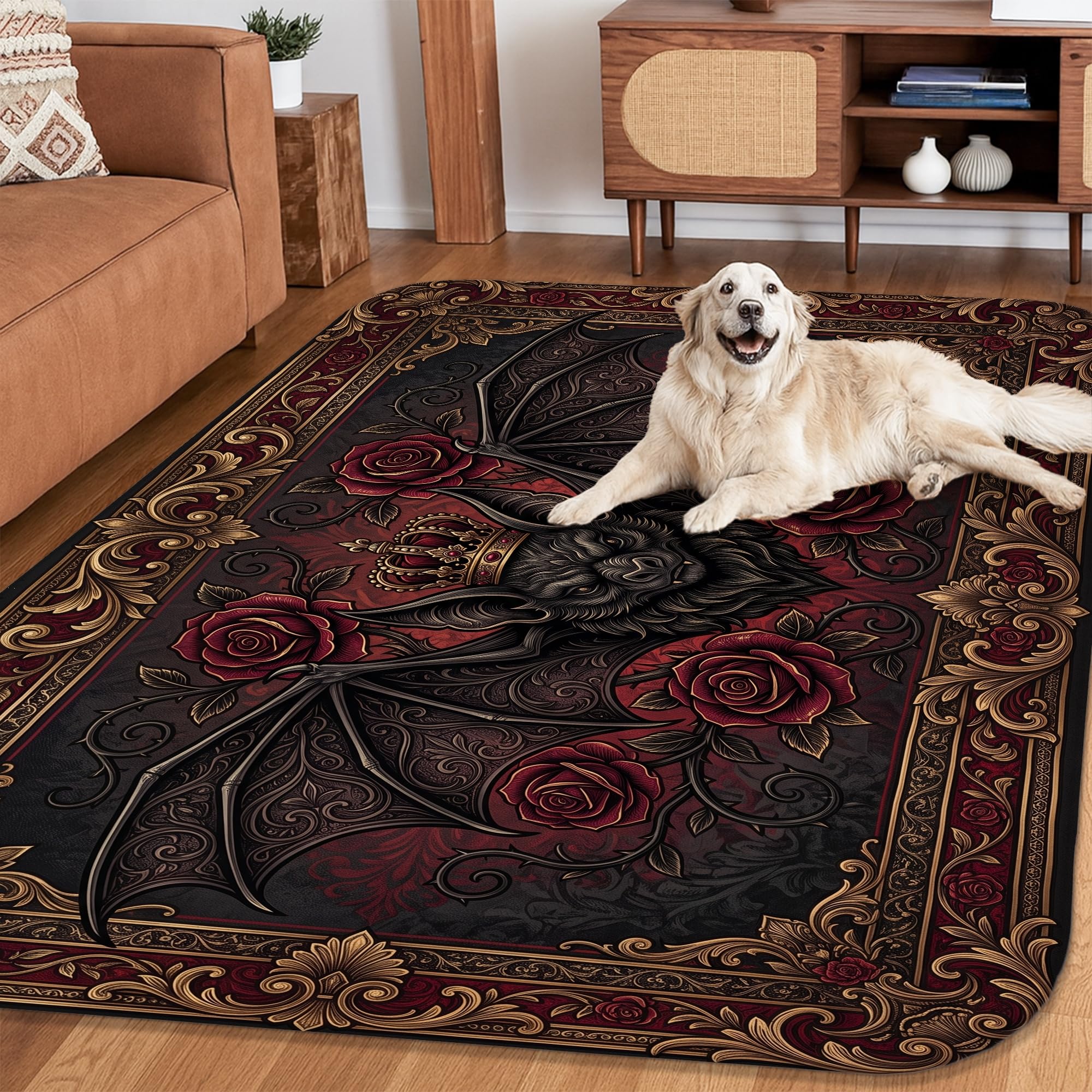 Fledermaus-Teppich, Gothic, viktorianische Rosen, königliches Halloween, schwarz, niedriger Flor, Schwammkante, Einfassung, rechteckig, Teppich für Wohnzimmer, Schlafzimmer, Flur, Büro, Dekoration
