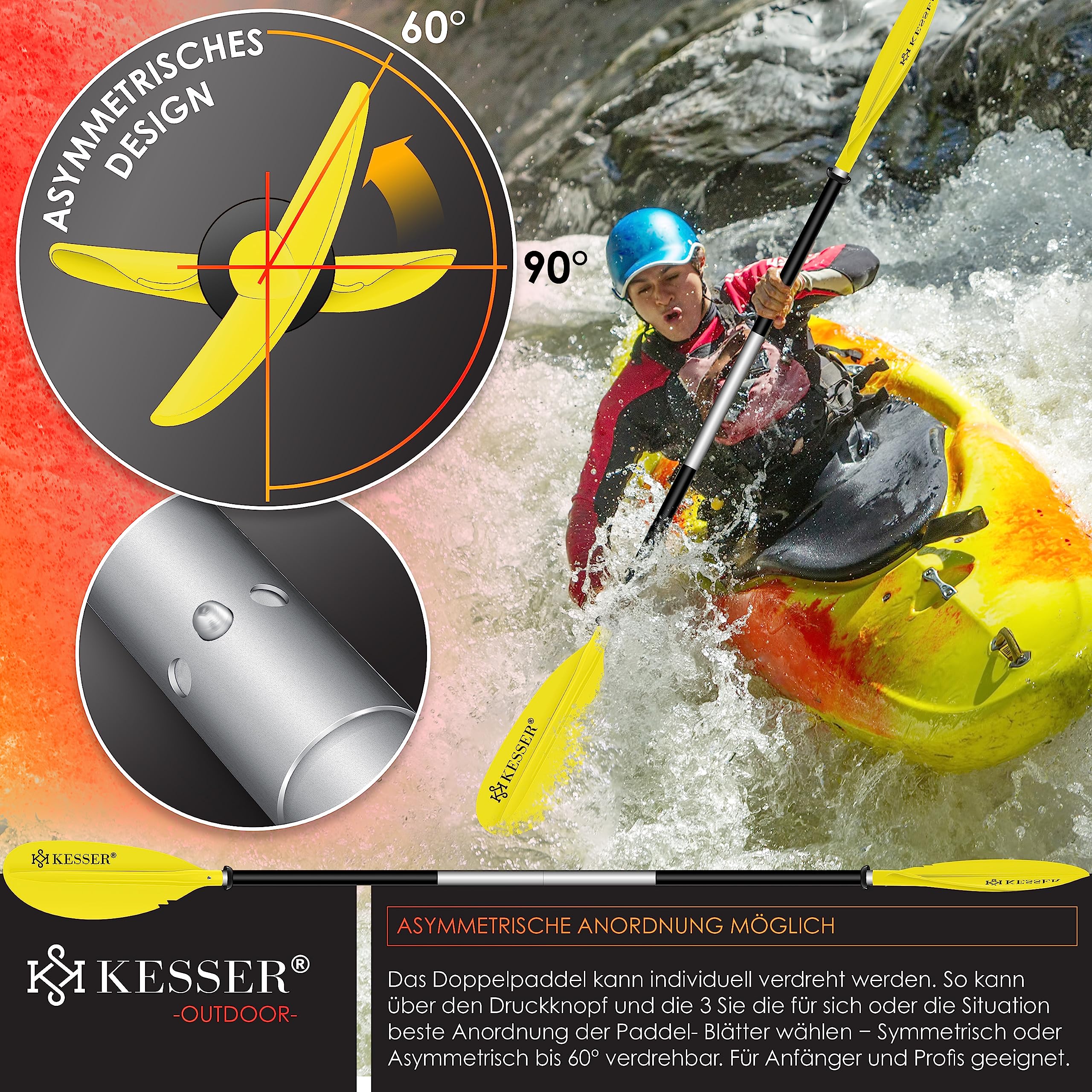 KESSER® Paddle Double pagaie – 4 pièces pour canoë, Kayak, Sup Stand-Up Paddle, Paddle, 228 cm, Aluminium Super léger pour canoë, Paddle, Kayak, Planche de Surf, Bateau