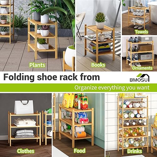 Miniatura 6 de BMOSU Zapatero pequeño de bambú de 3 niveles de alta calidad, apilable, organizador de almacenamiento para pasillo, armario, sala de estar,