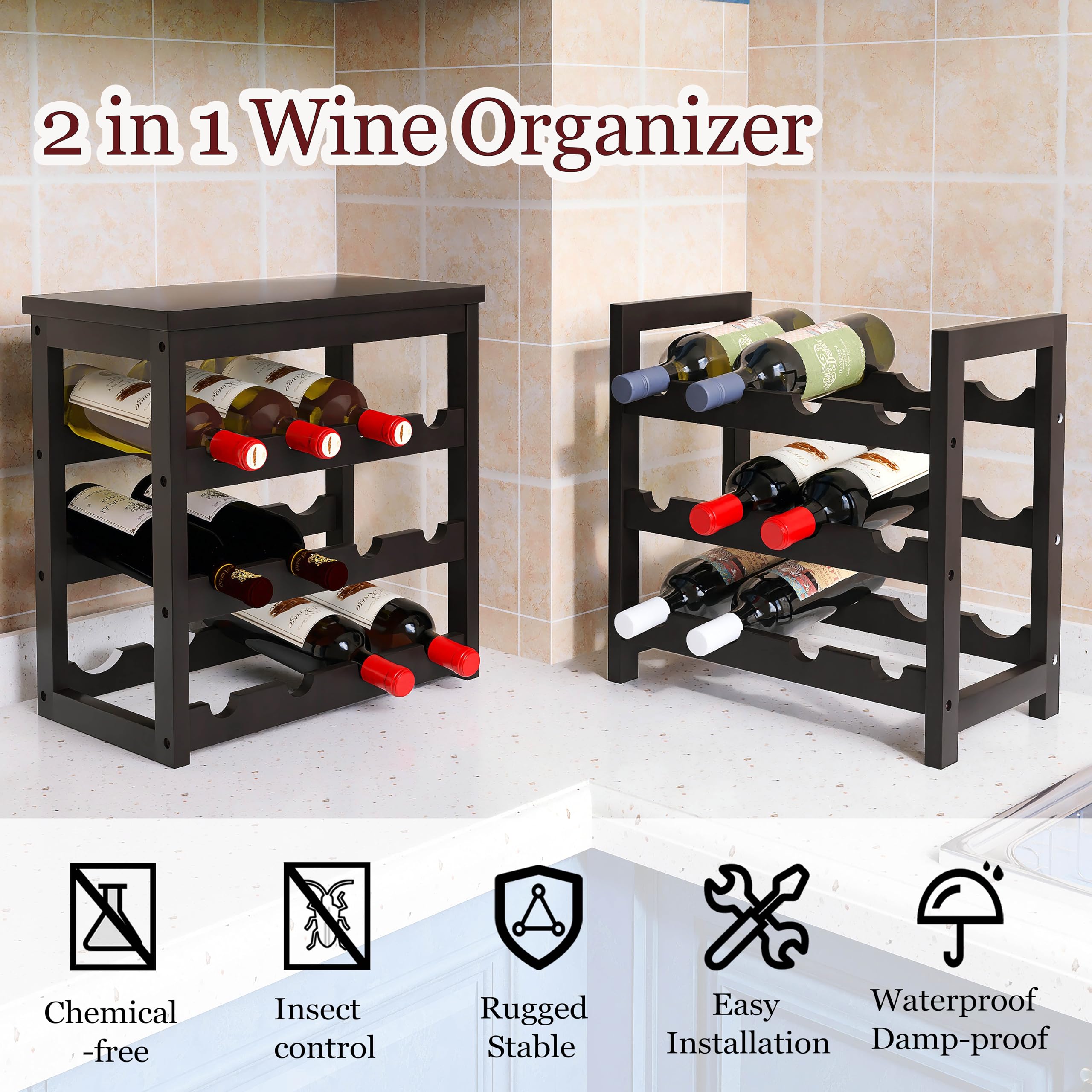 STELLSTAR 24 Bottiglia In Piedi Scaffalatura Vino In Piedi 6 Livelli Scaffalatura Piano Tavolo Bambù Bottiglia Di Vino Stand con Barre Ondulate Per Dispensa Sala Da Pranzo Cucina Nero