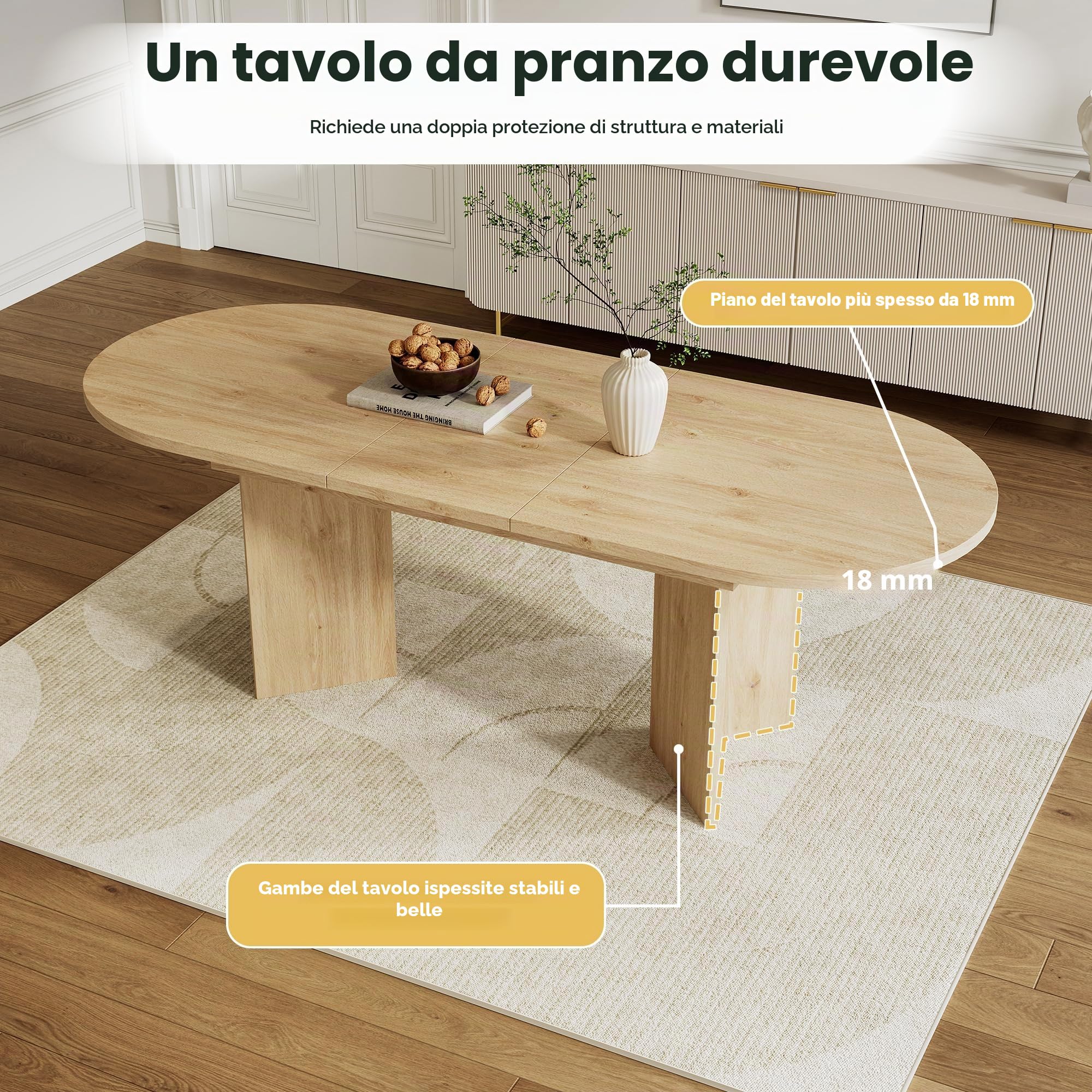 Tavolo da pranzo estensibile, ovale, per 4 fino a 8 persone, tavolo da pranzo ovale con angoli arrotondati, piano del tavolo rinforzato, tavolo da pranzo per cucina, sala da pranzo, sala