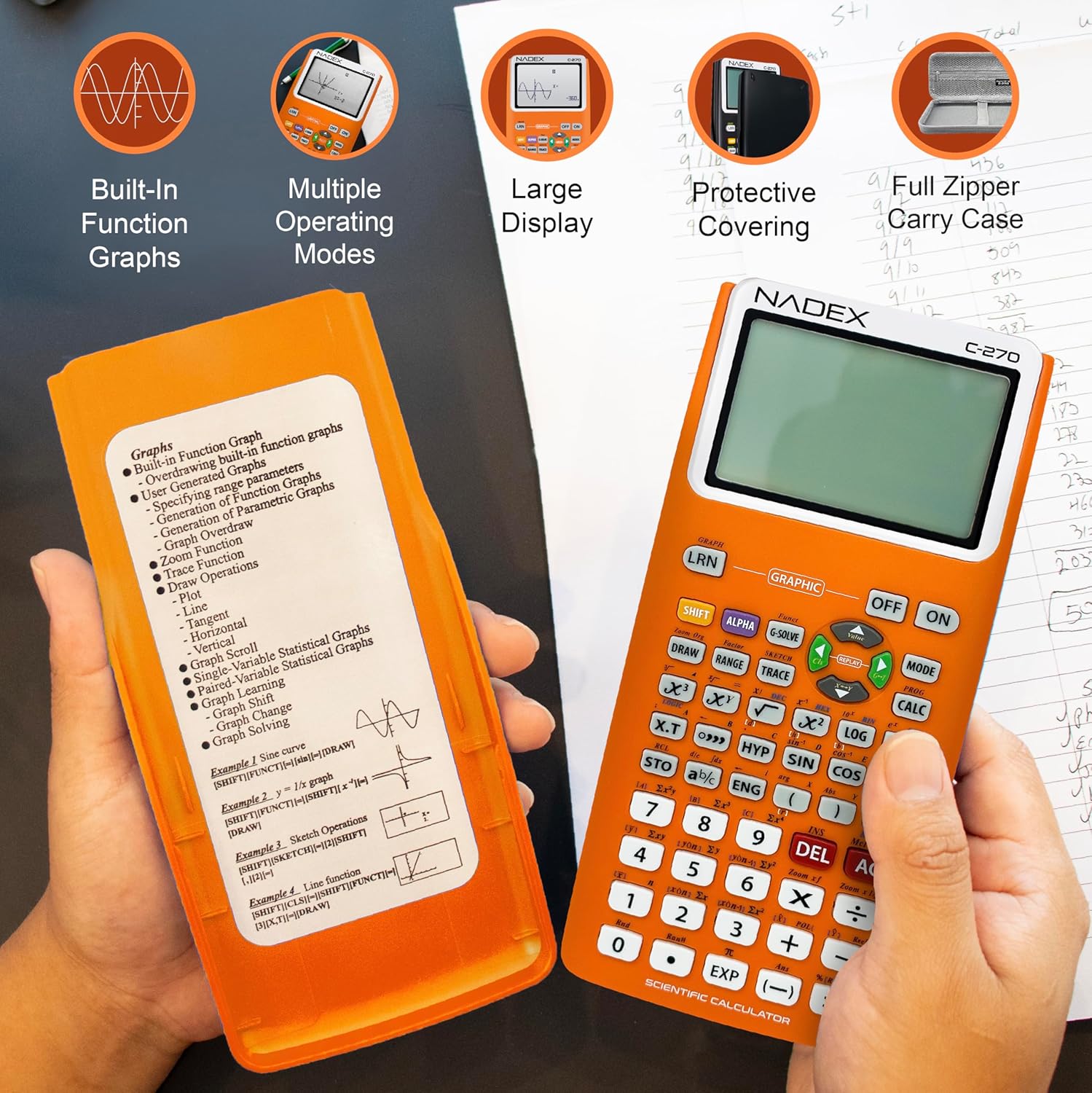 Scientific Calculator with Graphing, Includes Carrying Case, for College and High School Students, Calculus, Algebra, Geometry, Trigonometry, Statistics, Physics, Chemistry, Orange