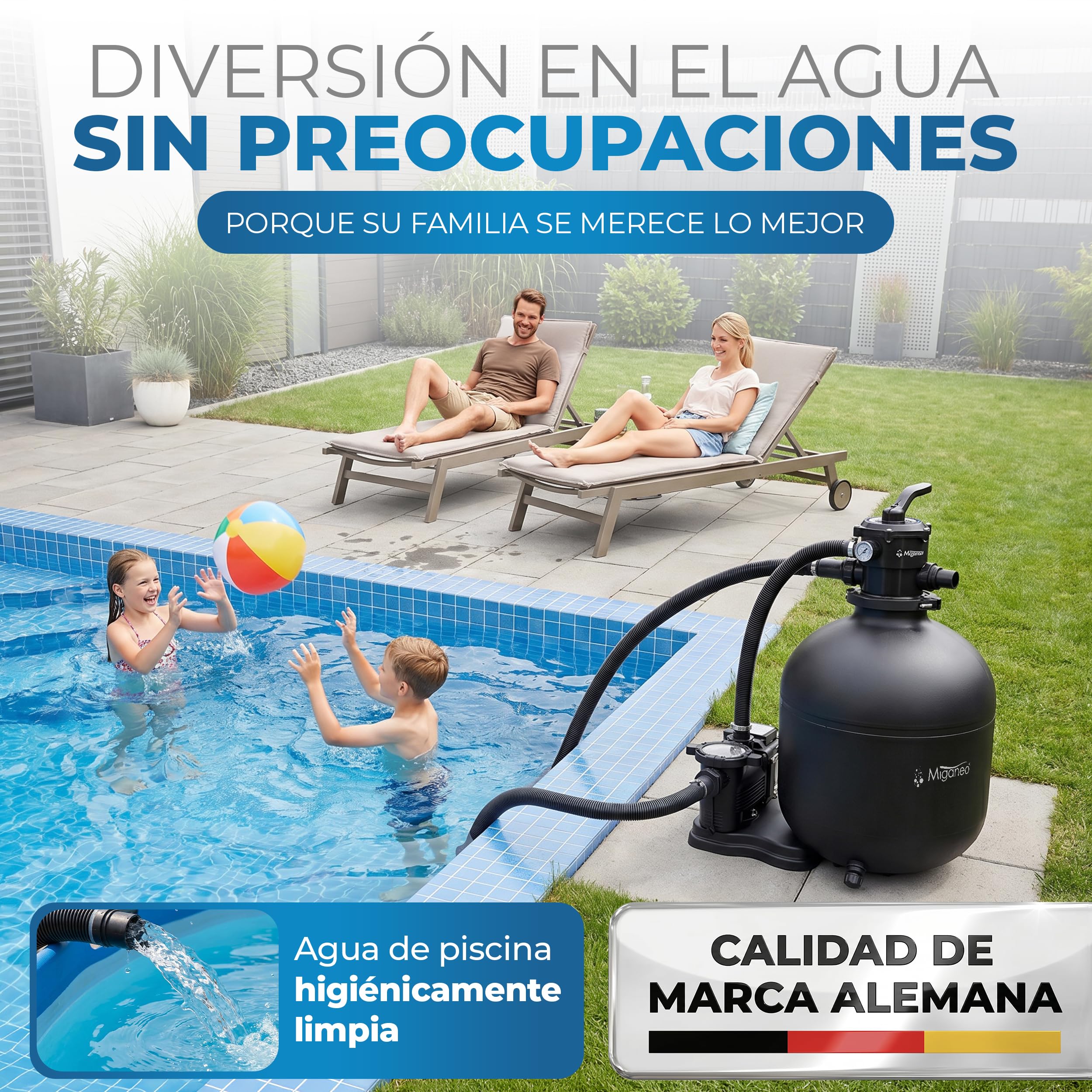 Miganeo Dynamic 12000 Pro Filtro de arena negro, 11.000 l/h, sistema de filtración para piscinas, hervidor de agua 485 mm