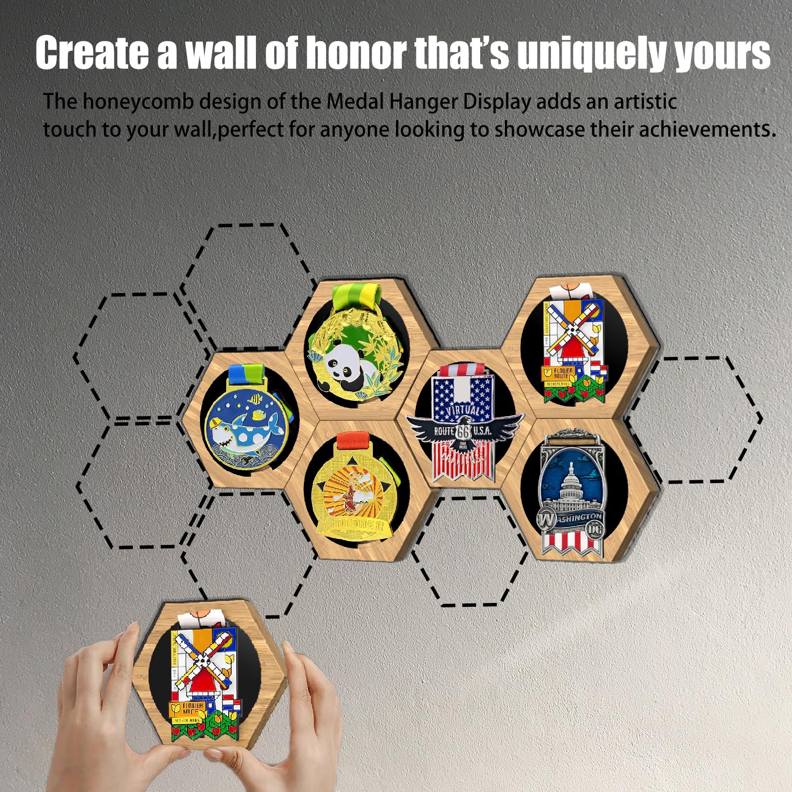 MLCLL Medal Hanger Display - Honeycomb Design, Bamboo Medal Holder, Easy No-Drill Adhesive Mounting, Stylish Wall-Mounted Medal Rack